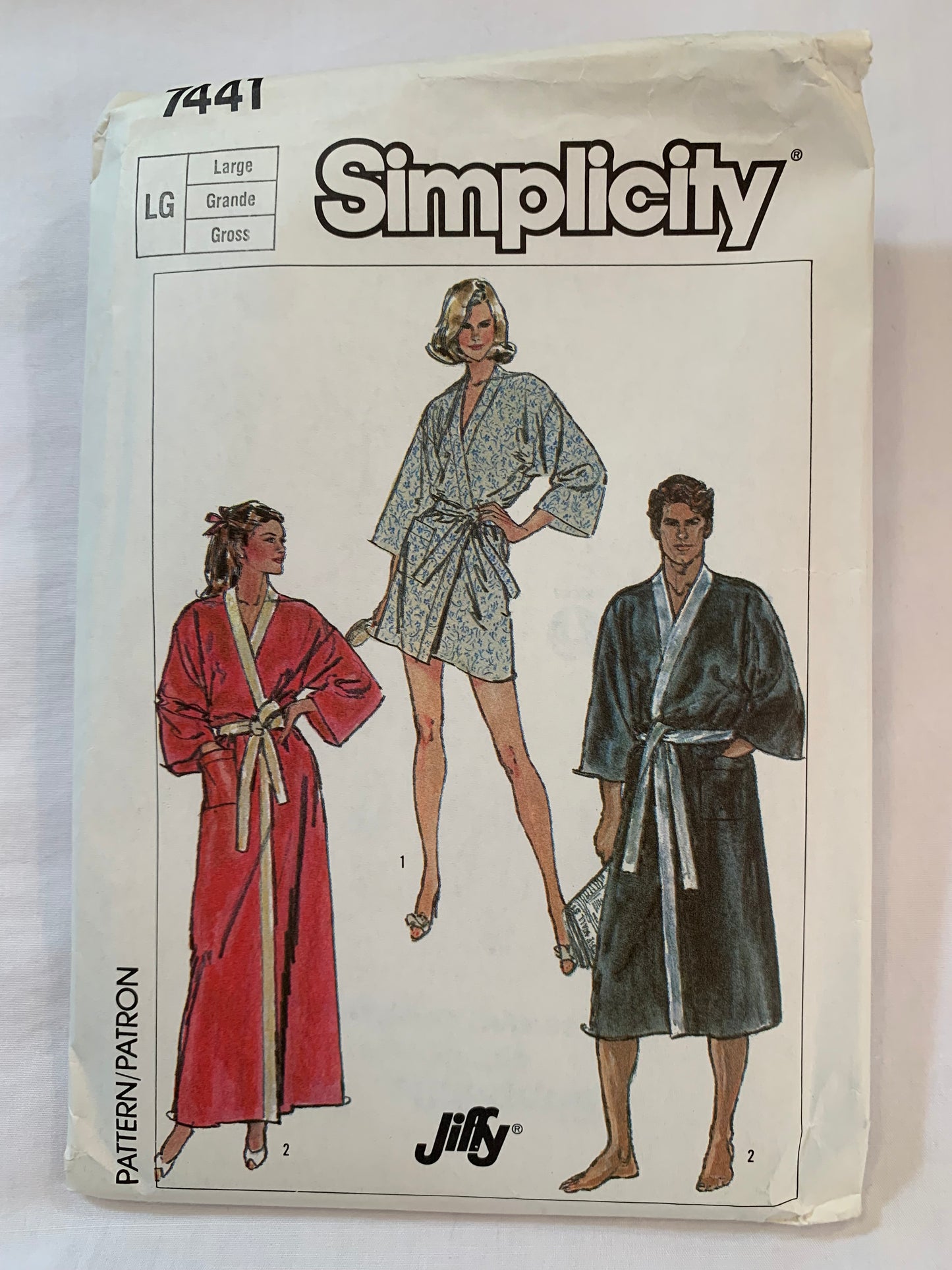 Simplicity Jiffy Sewing Pattern 7441 Misses'/Men's Kimono Robe, Two Lengths, Pocket, Belt Carriers, Wrap Front, Long Sleeves, Size 42-44, Uncut, Vintage 1996
