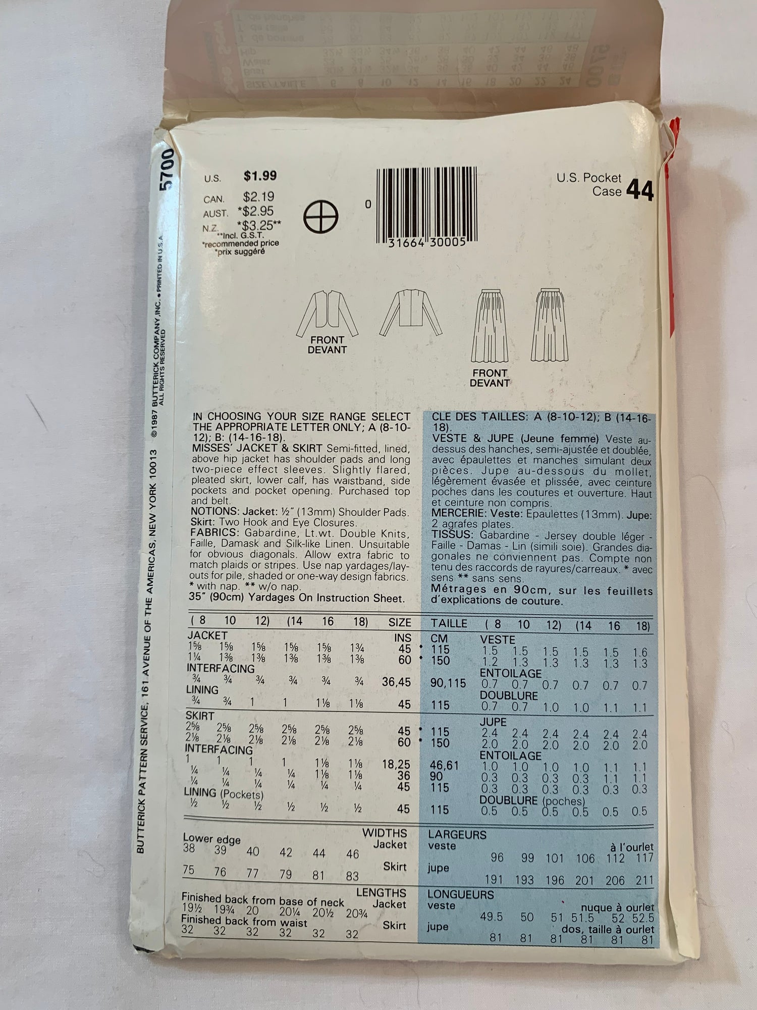 Butterick Sewing Pattern See & Sew 5700 Misses' Dress, Jacket, Shoulder Pads, Semi-Fitted, Elastic Waist, Flared, Pocket, Size 14-18, Uncut, Vintage 1987