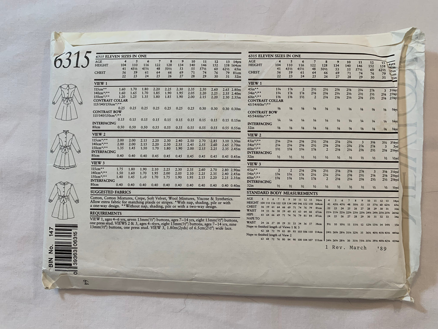 Simplicity New Look Sewing Pattern 6315 Girls' Dress, Long Sleeves, Button Back, Tie End, Full Skirt, 3 Variations, Size 4-14, Uncut, Vintage 1999