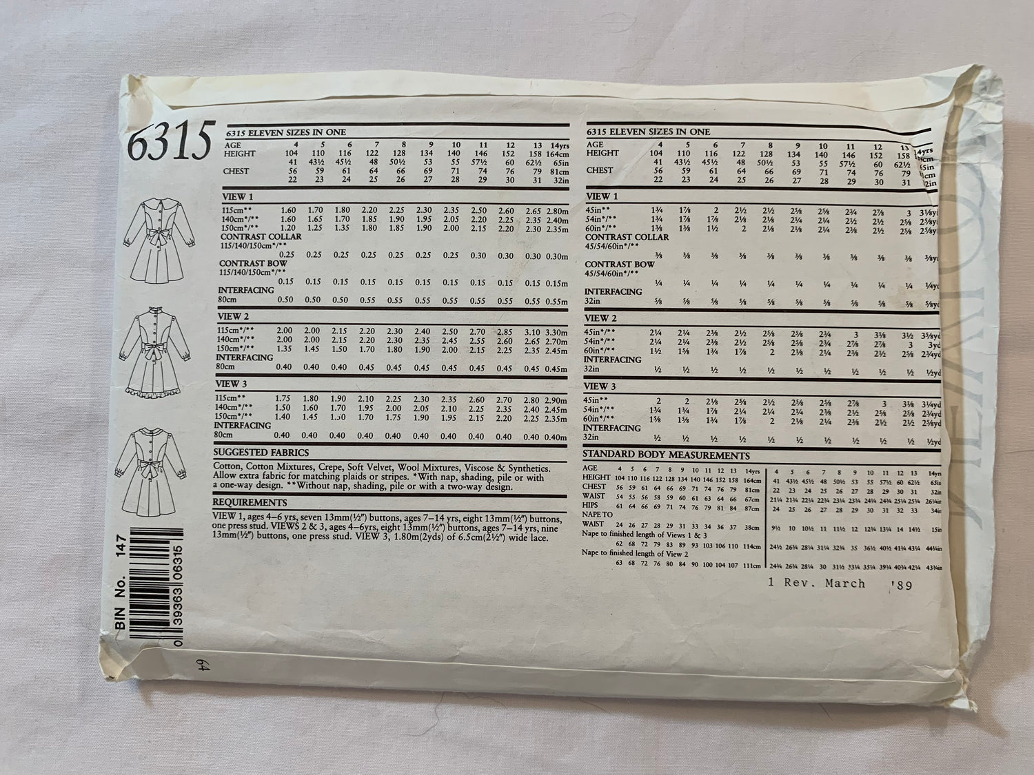 Simplicity New Look Sewing Pattern 6315 Girls' Dress, Long Sleeves, Button Back, Tie End, Full Skirt, 3 Variations, Size 4-14, Uncut, Vintage 1999