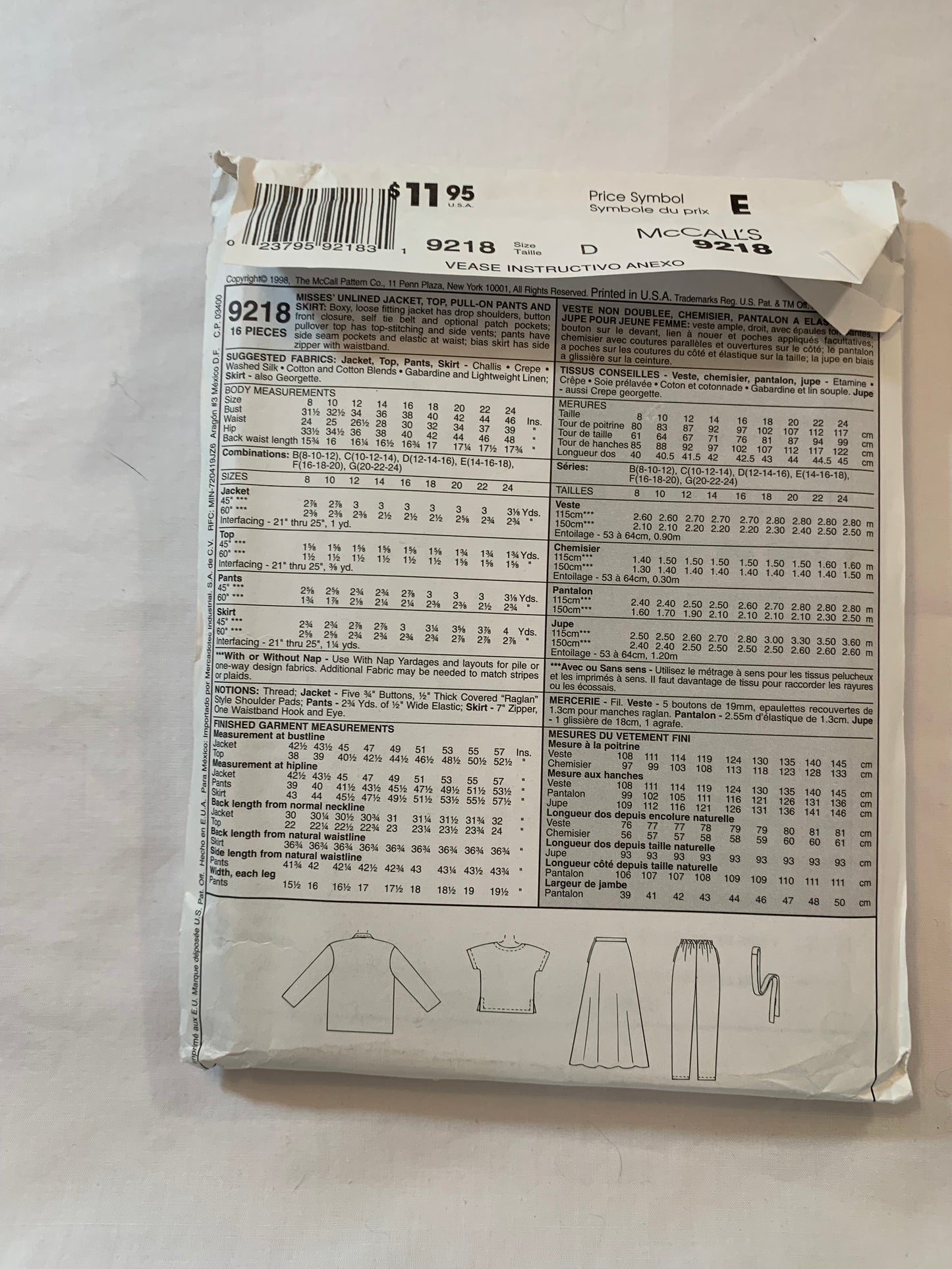McCall's Sewing Pattern 9218 Misses' Unlined Jacket, Top, Pull-On Pants, Elastic Waist, Belt, Skirt, Button Front, Pockets, Size 12-16, Uncut, Vintage 1998