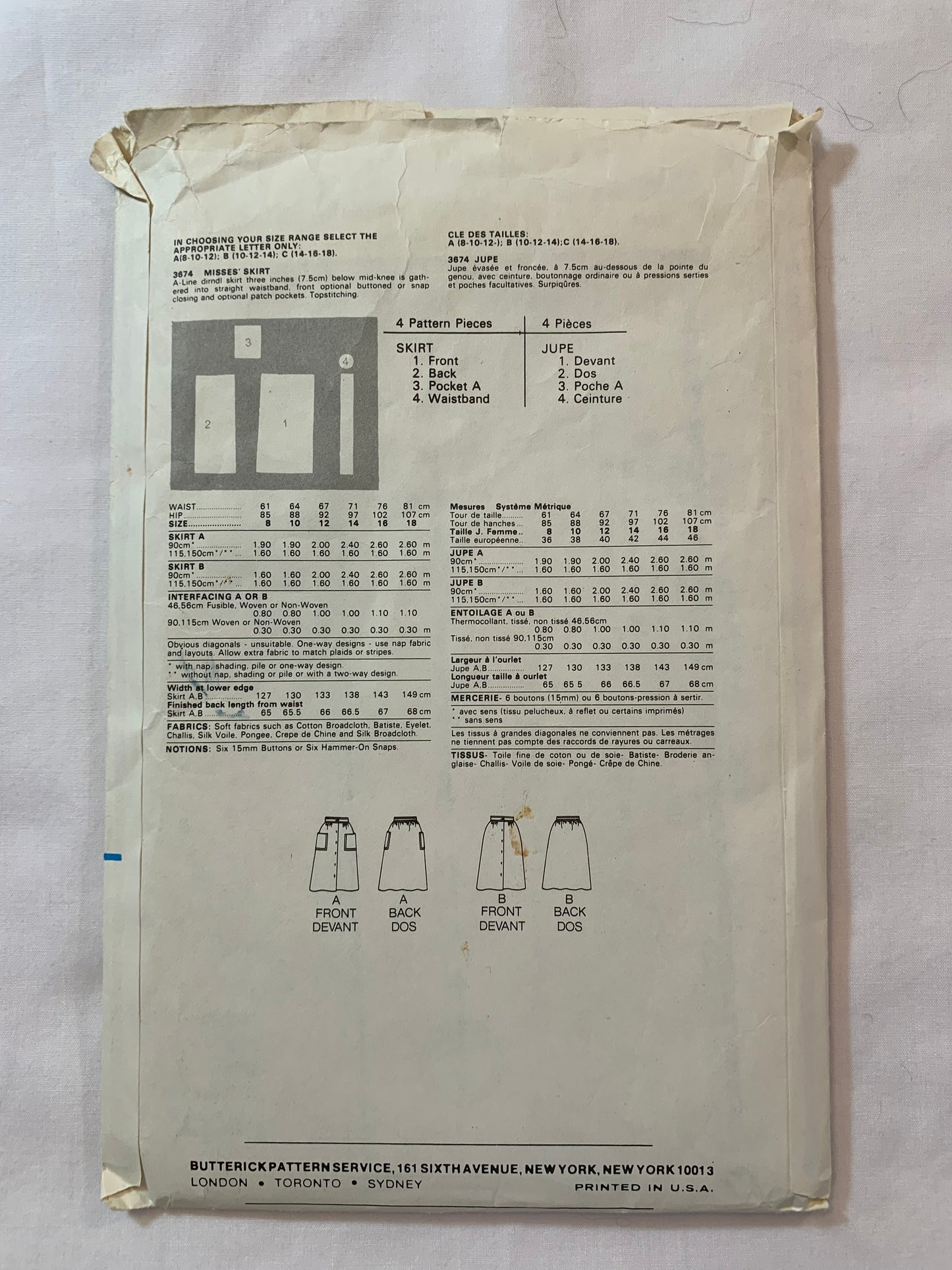 Butterick Sewing Pattern 3674 Misses' Skirt, Button Front, Pockets,A-Line, Drndl, 2 Variations, Size 10-14, Cut, Vintage 1996