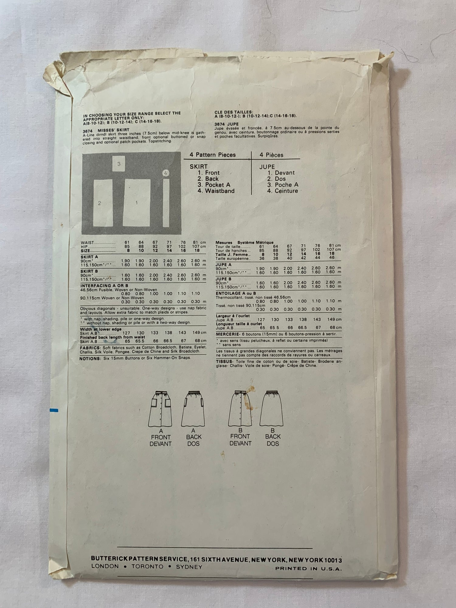 Butterick Sewing Pattern 3674 Misses' Skirt, Button Front, Pockets,A-Line, Drndl, 2 Variations, Size 10-14, Cut, Vintage 1996