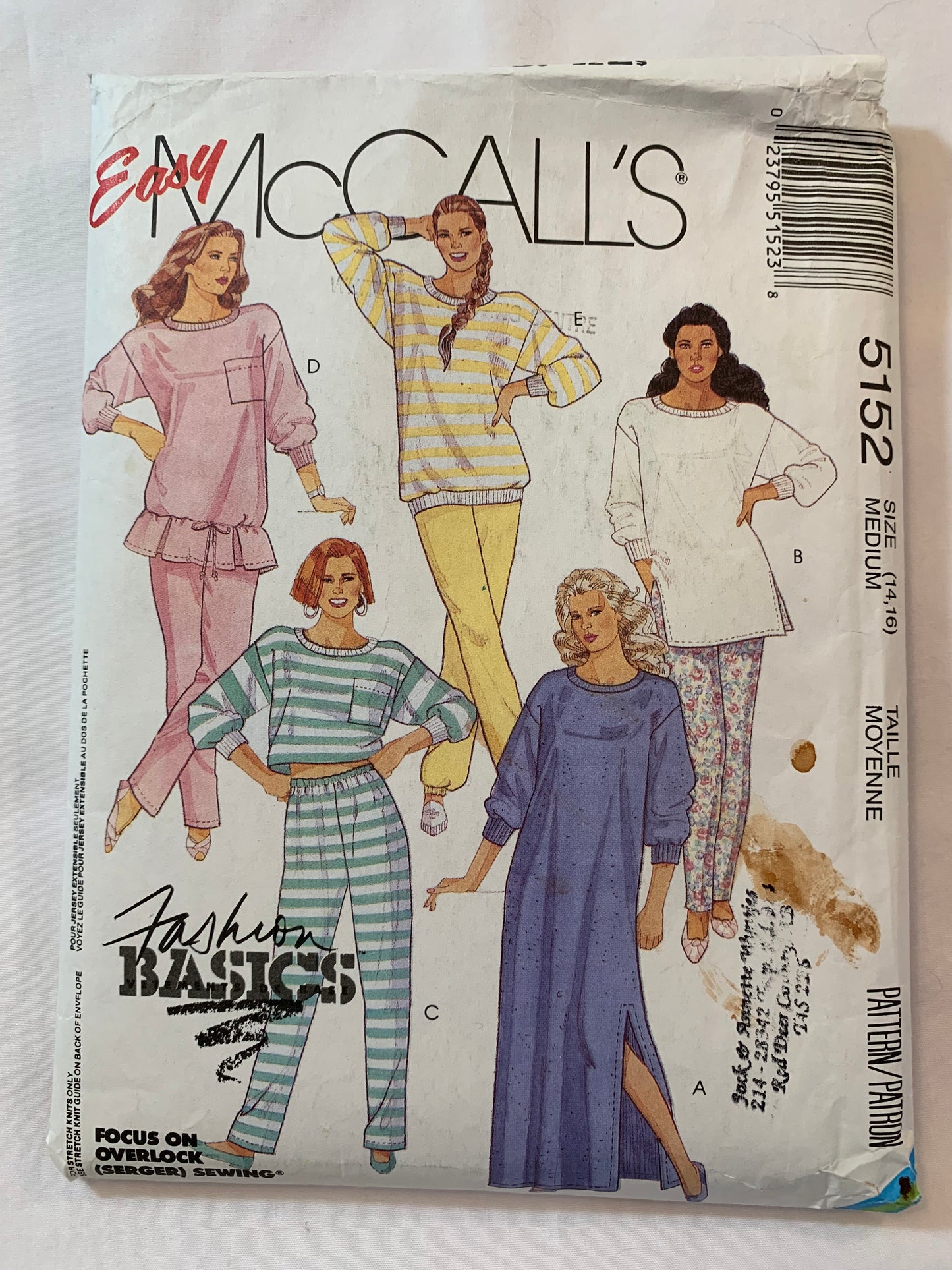 McCall's Sewing Pattern 5152 Misses' Active Loungewear, Stretch Knits Only, Loose-Fitting, Gown, Pants, Pockets, Leggings, Size 14-16, Cut, Vintage 1990