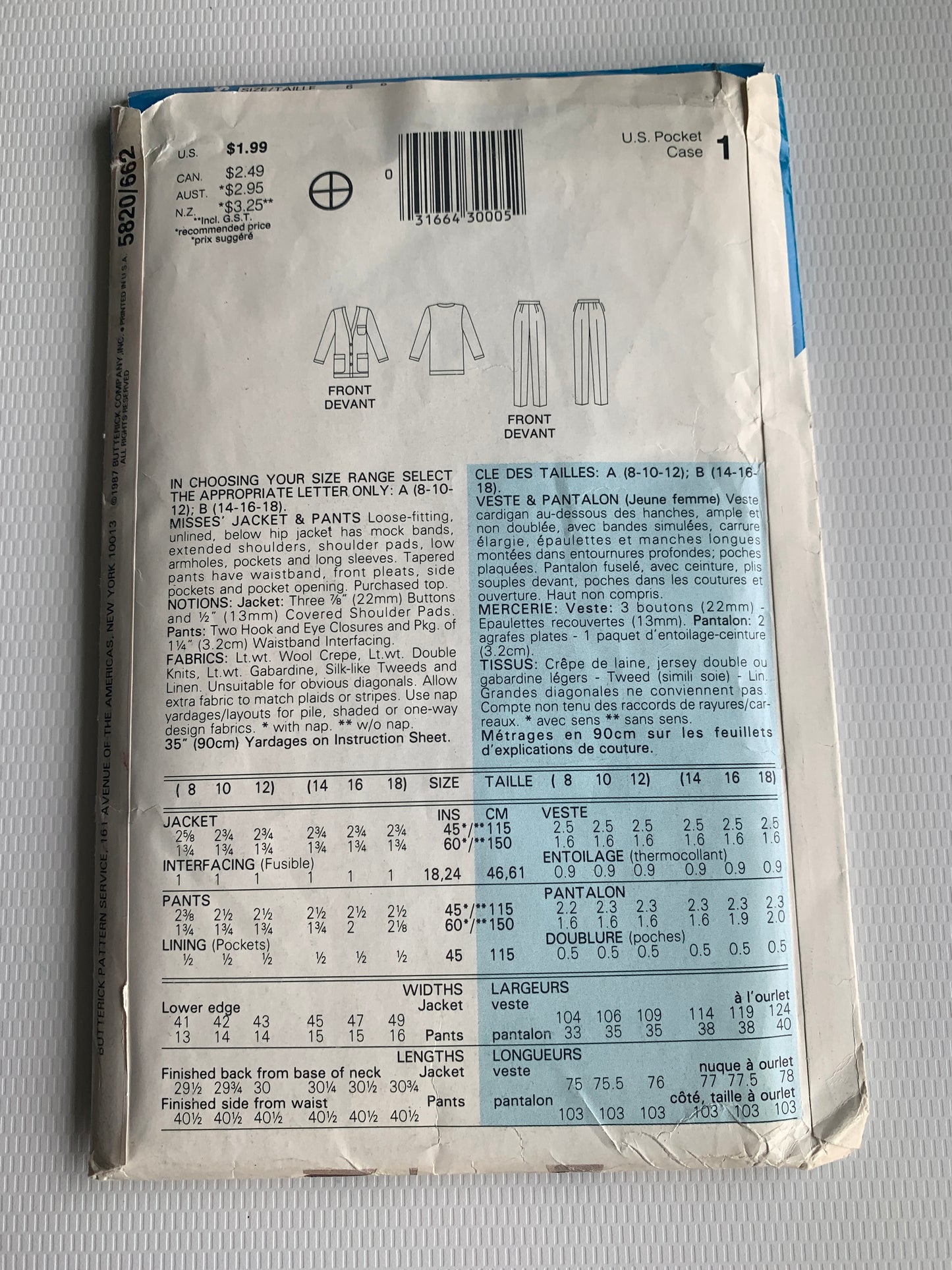 Butterick Sewing Pattern See & Sew 5820 Misses' Jacket, Tapered Pants, Loose-Fitting, Long Sleeves, Elastic Waist, Shoulder Pads, Pockets, Size 8-12, Uncut, Vintage 1987