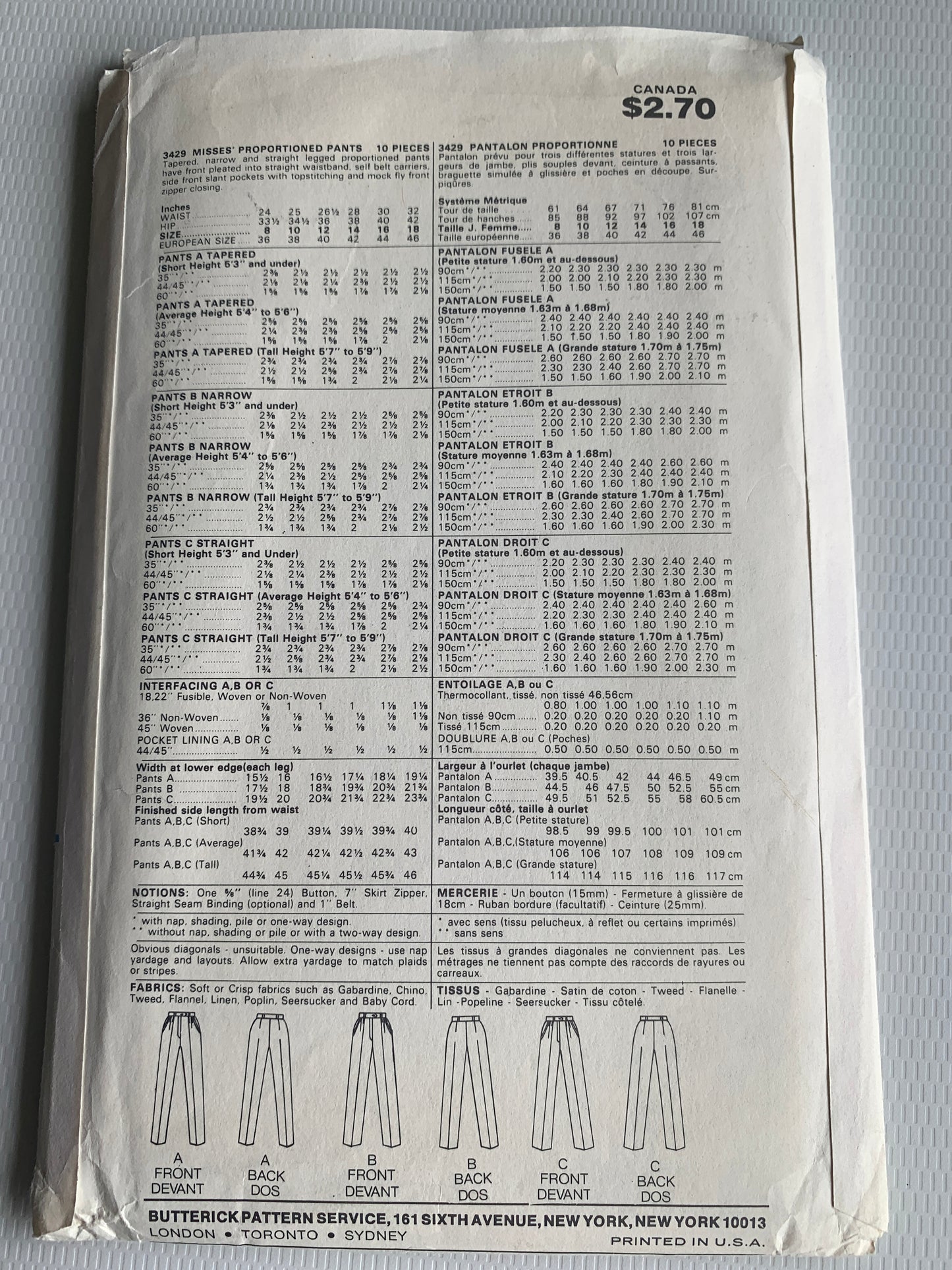 Butterick Sewing Pattern 3429 Misses' Tapered/Straight Pants, Zipper Closing, Size 12, Uncut, Vintage 1980