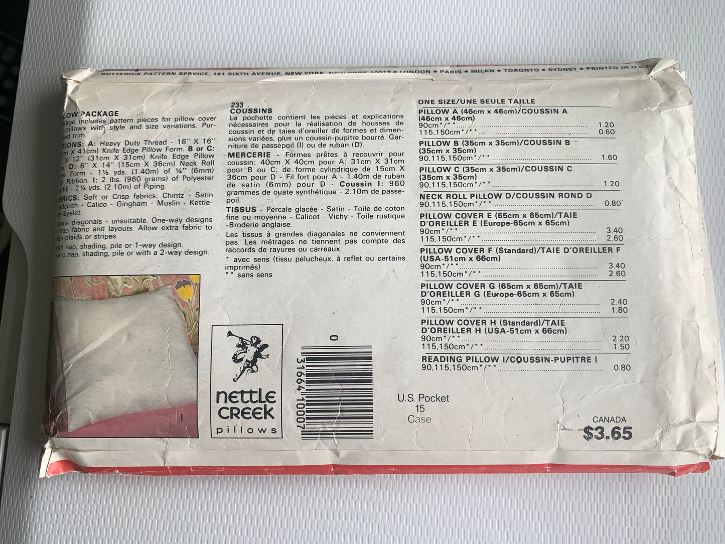 Butterick Sewing Pattern 233 Pillow Covers, Roll Pillow, Reading Pillow, Uncut, Vintage 1987