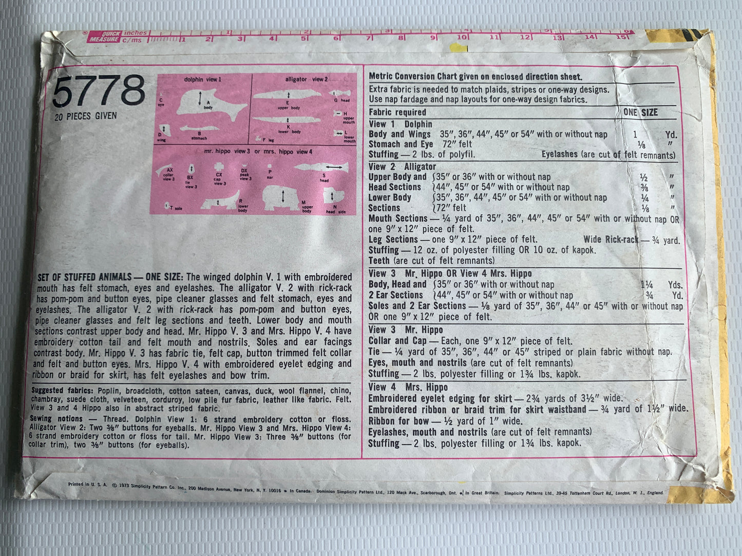 Simplicity Sewing Pattern 5778 Stuffed Animals, Dolphin, Alligator, Hippo, Uncut, Vintage 1975