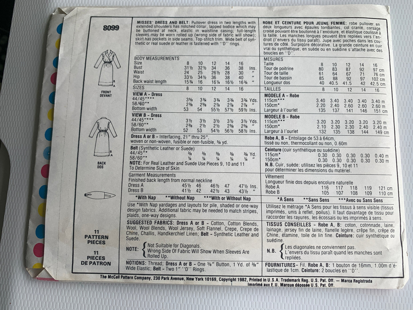 McCall's Sewing Pattern 8099 Misses' Dress, Two Lengths, Long Sleeves, Belt, Elastic Waist, Size12, Uncut, Vintage 1982