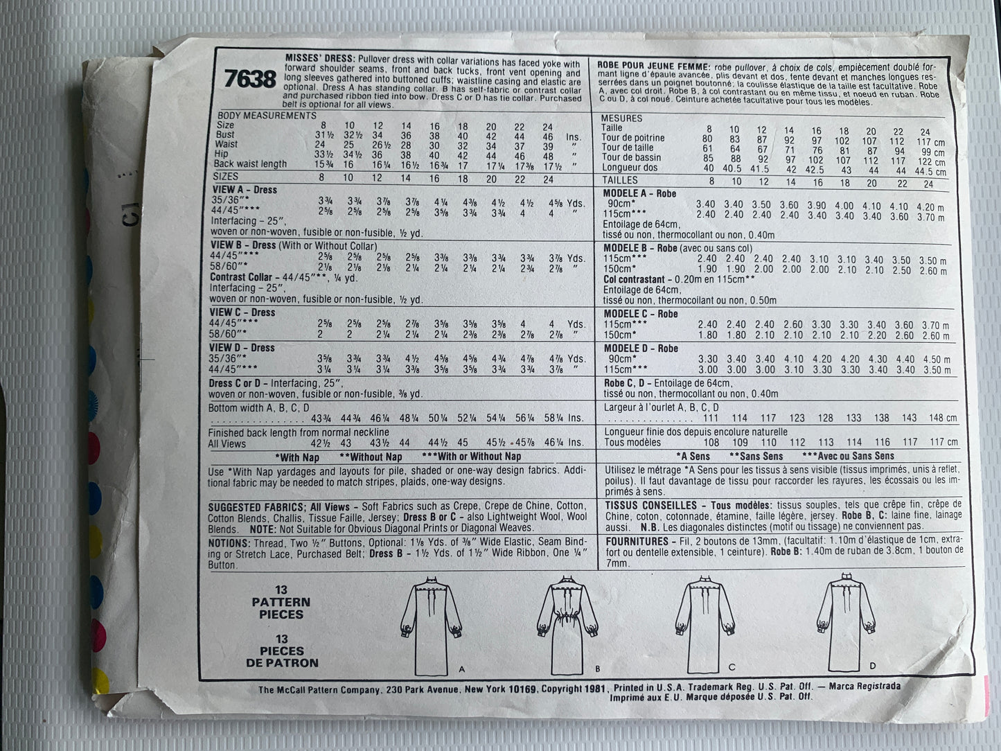 McCall's Sewing Pattern 7638 Misses' Dresses, 6 Variations, Pullover, Collar, Long Sleeves, Size 10-14, Uncut, Vintage 1981