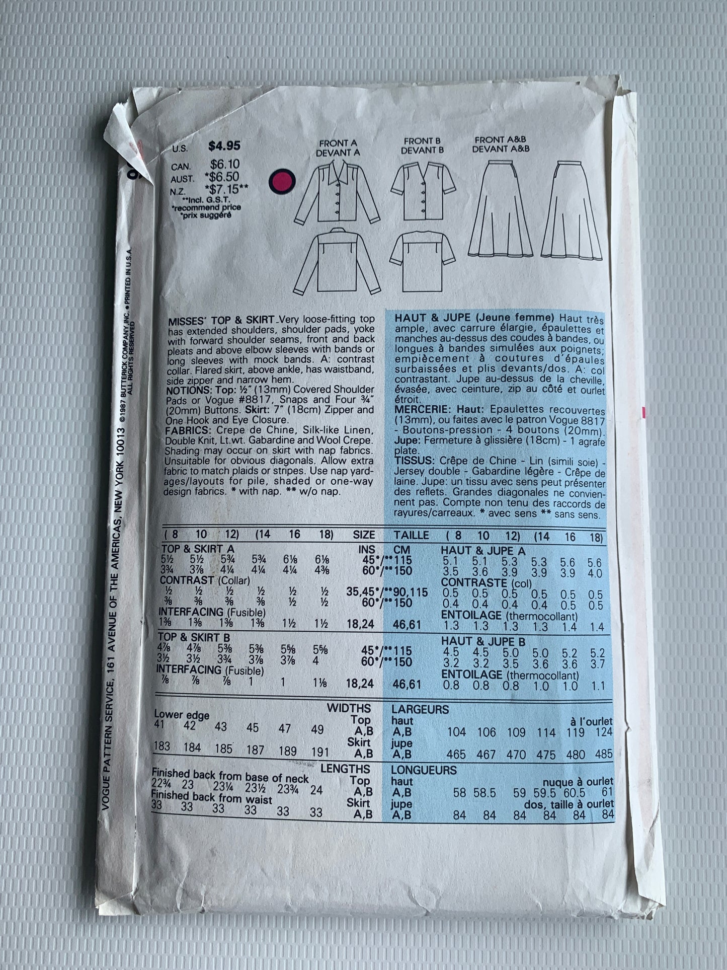 Vogue Sewing Pattern 9905 Misses' Top, Skirt, Loose-Fitting, Pullover, Shoulder Pads, Size 8-12, Uncut, Vintage 1987