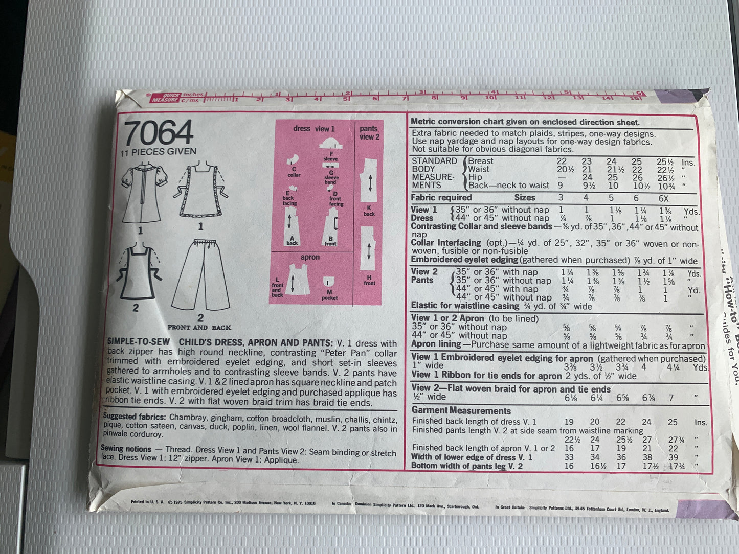 Simplicity Sewing Pattern 7064 Toddlers'/Girls' Dress, Apron, Pants, Size 3, Cut, Vintage 1975