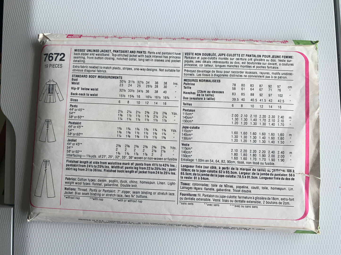 Simplicity Sewing Pattern 7672 Misses' Unlined Jacket, Pantskirt Pants, Zipper Back, Button Front, Princess Seams, Collar, Long Sleeves, Size 6-8, Cut, Vintage 1976