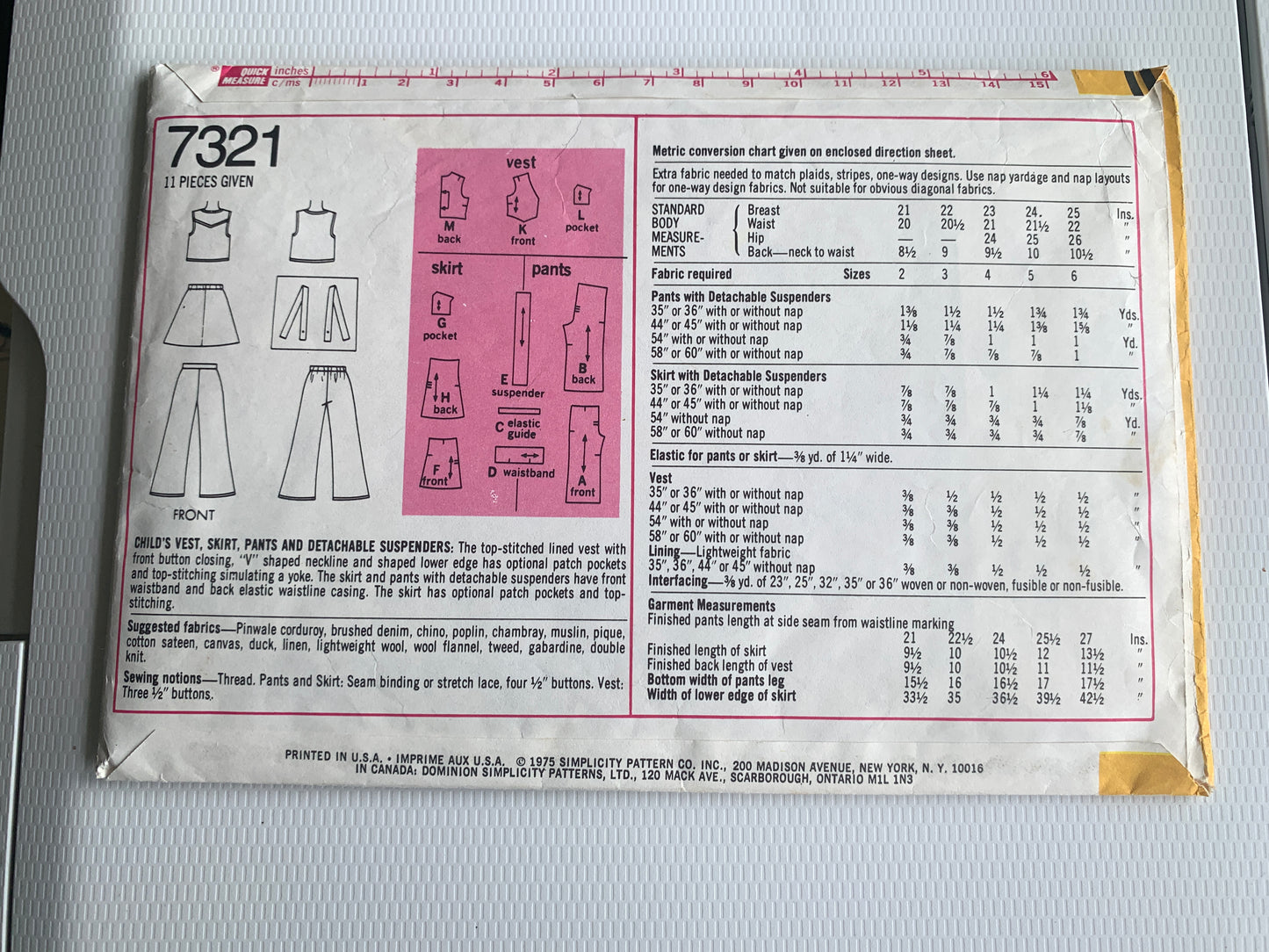 Simplicity 7321 Child's Vest, Skirt, Pants, Detachable Suspenders, Size 2, Cut, Vintage 1975