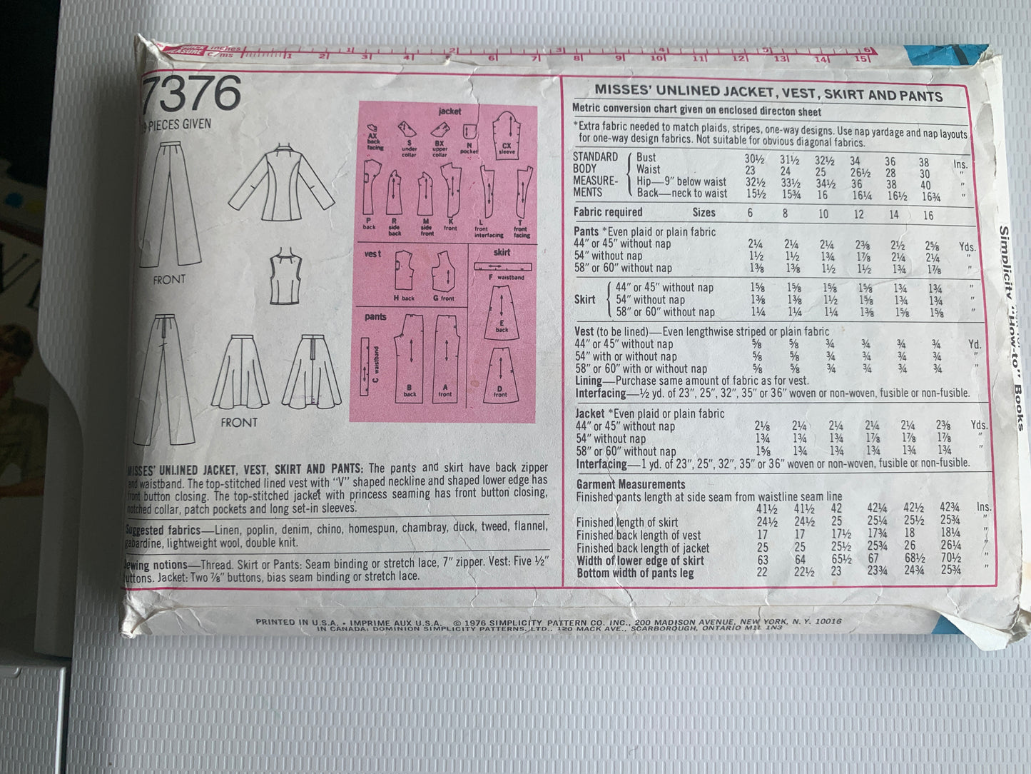 Simplicity Sewing Pattern 7376 Misses' Unlined Jacket, Vest, Skirt, Pants, Zipper Back, Princess Seams, Size 10, Cut, 1976