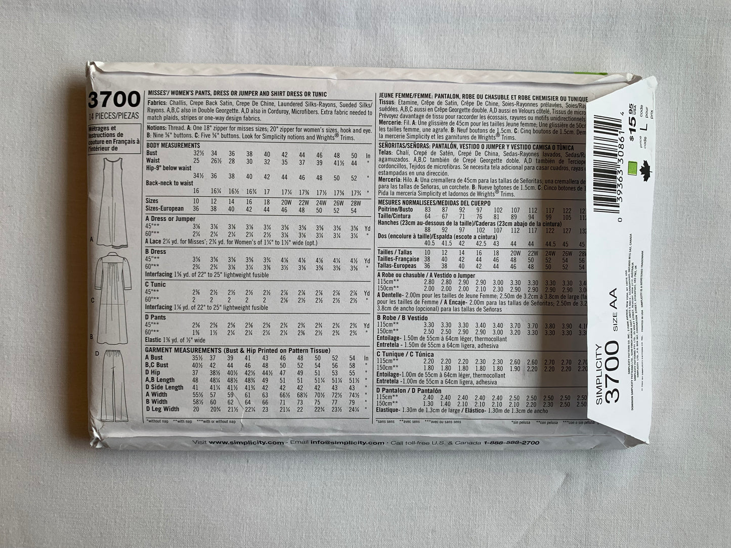 Simplicity Sewing Pattern 3700 Misses' Pants, Dress, Jumper, Shirt Dress, Tunic, Long Sleeves, Sleeveless, Two Lengths, Size 10-18, Uncut, 2007