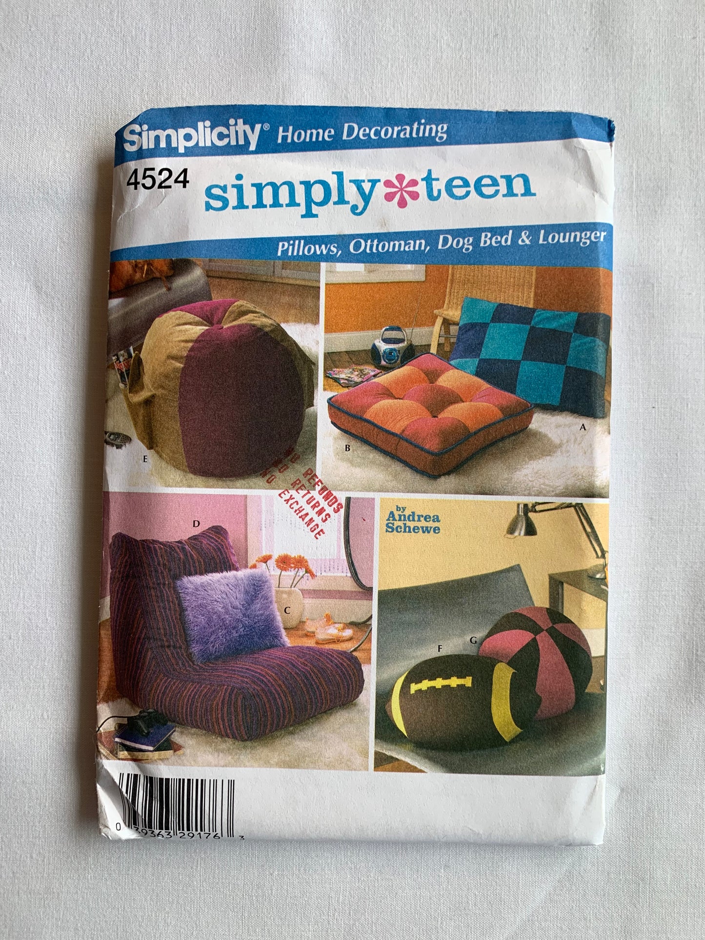 Simplicity Sewing Pattern 4524 Home Decor Pillows, Ottoman, Dog Bed, Lounger, Uncut, 2005