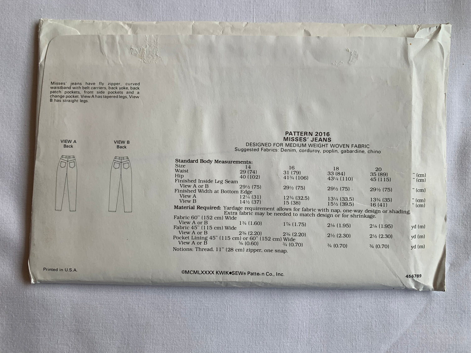 KWIK Sewing Pattern 2016 Misses' Pants, Jeans, Fly Zipper, Belt Carriers, Pockets, Tapered Leg,, Size 6-14, Uncut, Vintage 1984