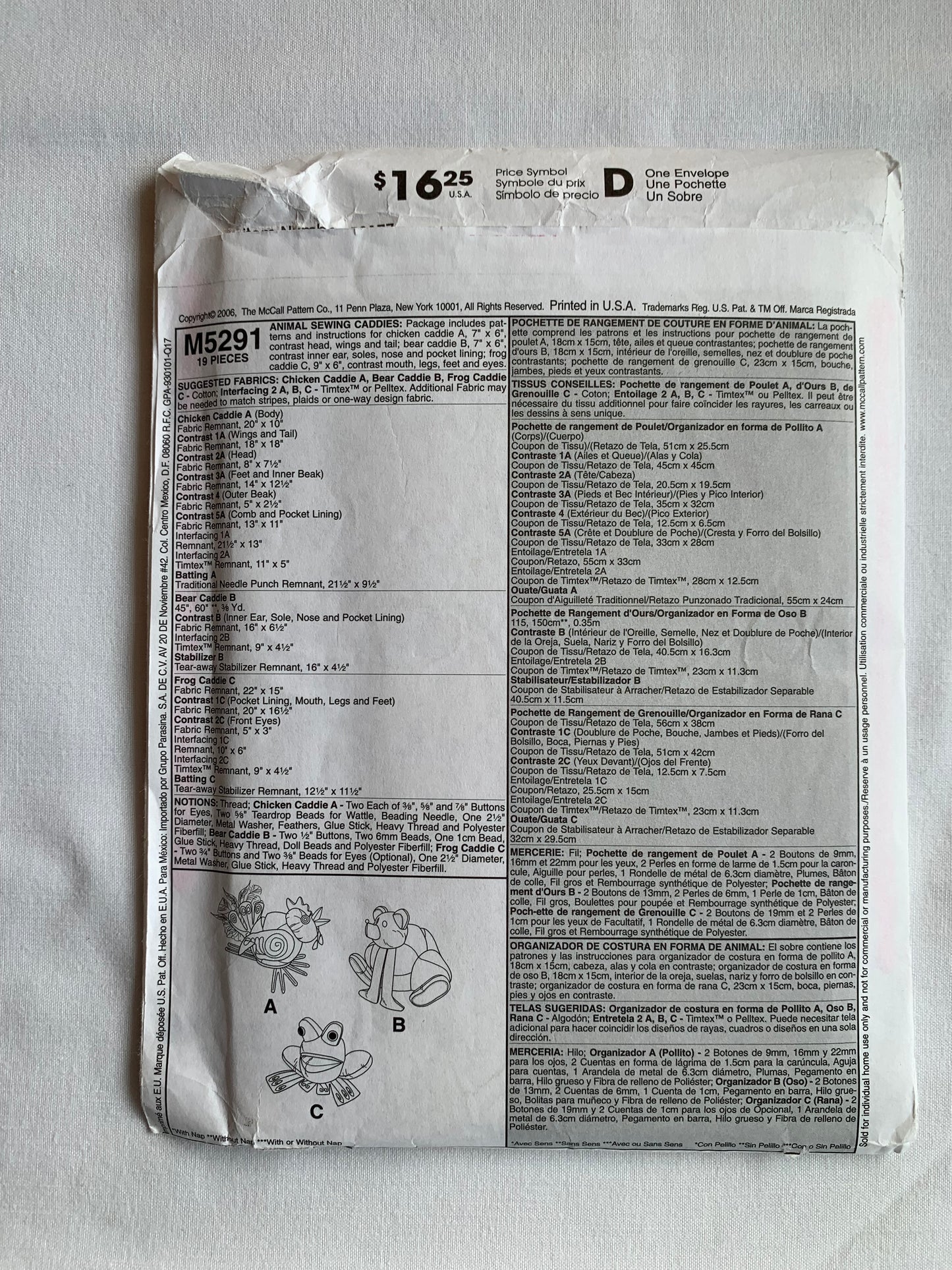 McCall's Sewing Pattern M5291 Crafts, Animal Sewing Caddies: Chicken, Bear, Frog, Pockets, 3 Variations, Uncut, 2006