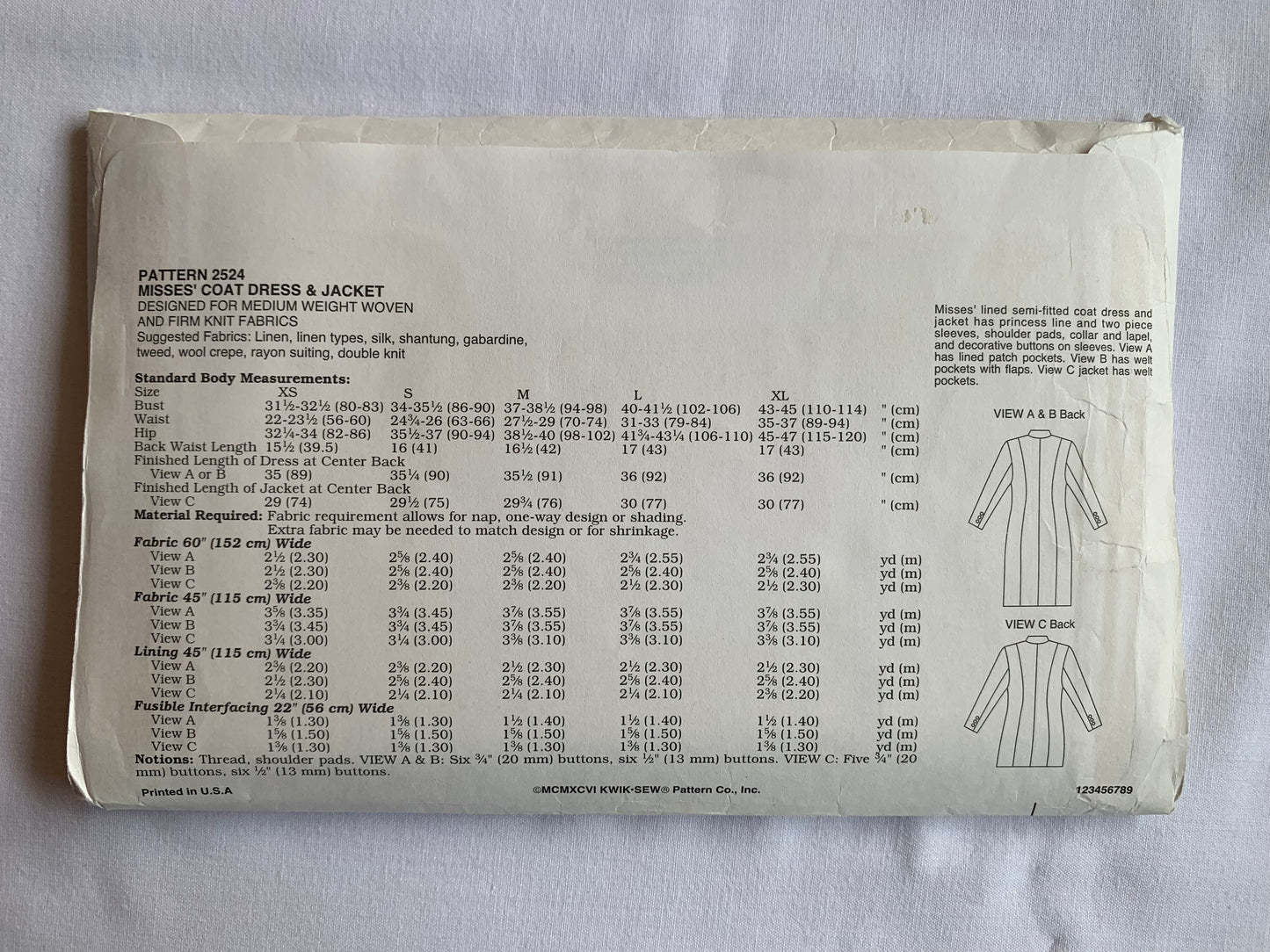 KWIK Sewing Pattern 2524 Misses' Coat Dress, Jacket, Lined, Semi-Fitted, Princess Seams, Shoulder Pads, Button Front, Size XS-XL, Uncut, Vintage 1996