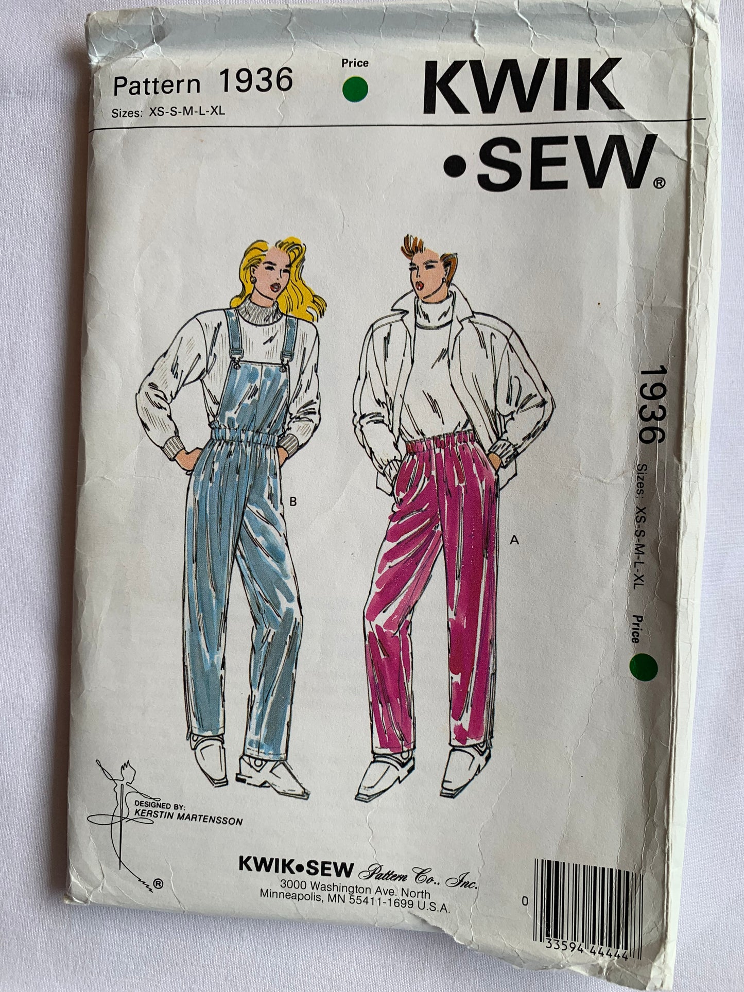 KWIK Sewing Pattern 1936 Misses' Rain/Ski Pants, Elastic Waist, Zipper Back, Pockets, Shoulder Straps, Size XS-XL, Uncut Vintage 1989