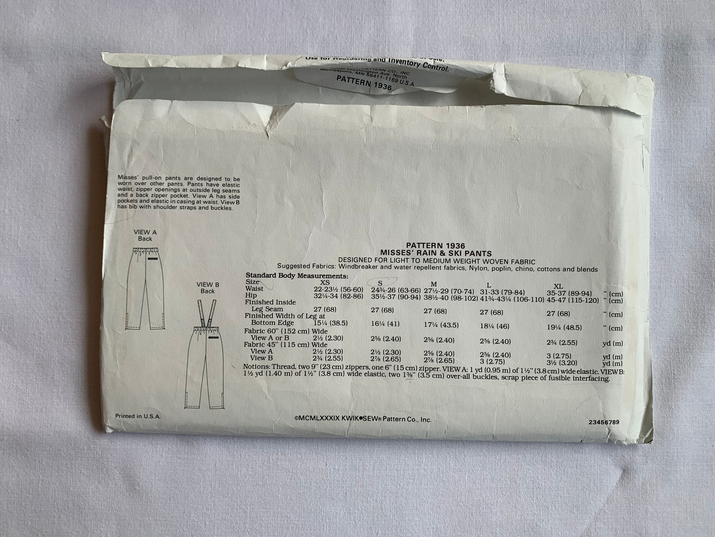KWIK Sewing Pattern 1936 Misses' Rain/Ski Pants, Elastic Waist, Zipper Back, Pockets, Shoulder Straps, Size XS-XL, Uncut Vintage 1989