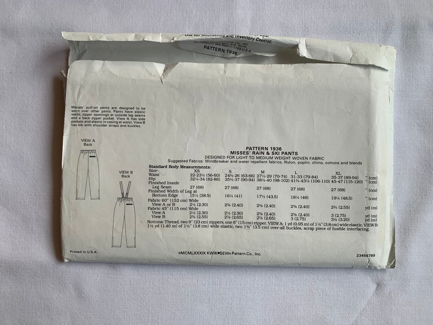 KWIK Sewing Pattern 1936 Misses' Rain/Ski Pants, Elastic Waist, Zipper Back, Pockets, Shoulder Straps, Size XS-XL, Uncut Vintage 1989