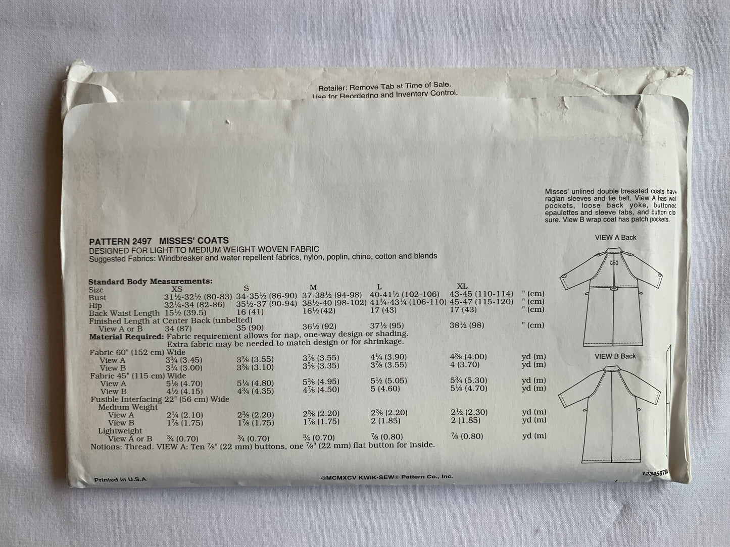 Kwik Sewing Pattern 2497 Misses' Jackets, Coat, Pockets, Button Front, Long Raglan Sleeves, Unlined, Double Breasted, Size XS -XL, Uncut, Vintage 1995