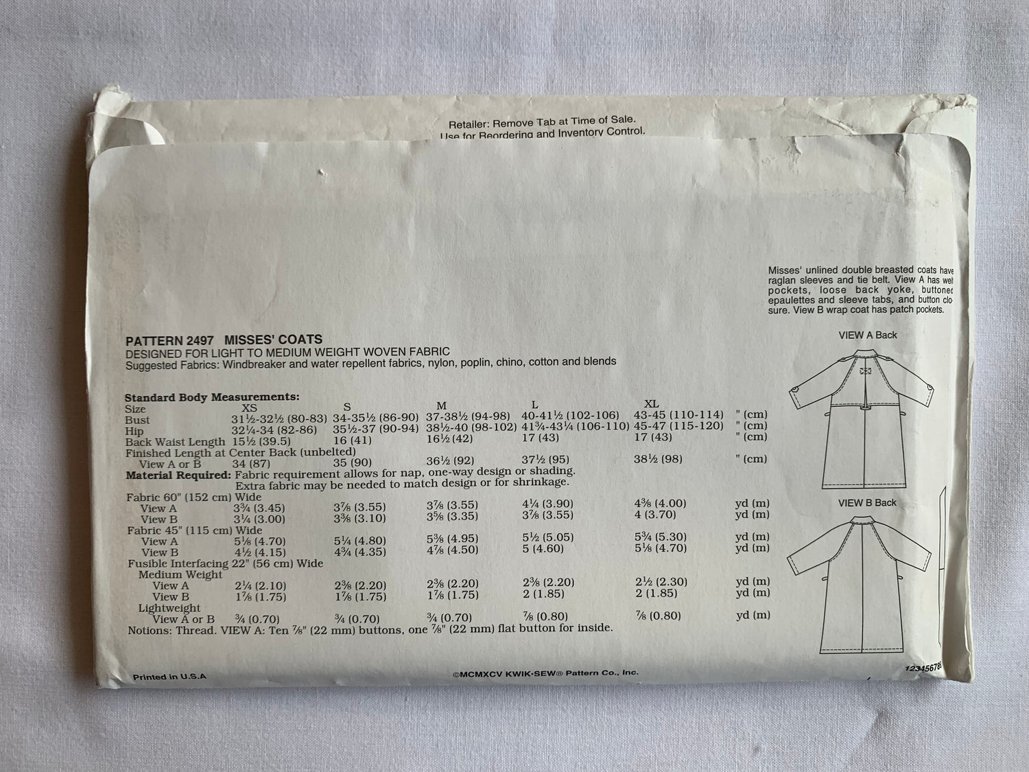 Kwik Sewing Pattern 2497 Misses' Jackets, Coat, Pockets, Button Front, Long Raglan Sleeves, Unlined, Double Breasted, Size XS -XL, Uncut, Vintage 1995