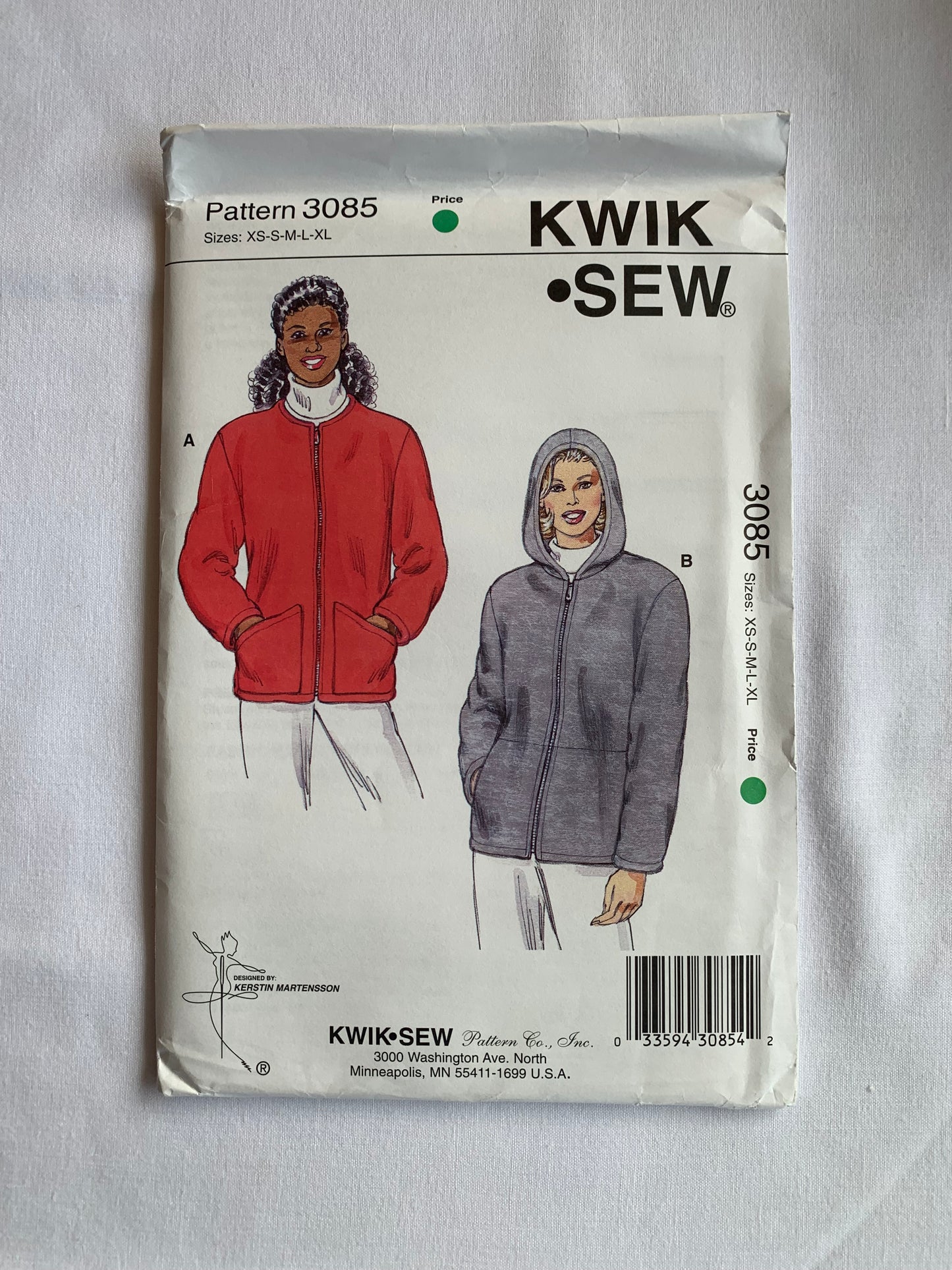 KWIK Sewing Pattern 3085 Misses' Jackets, Unlined, Long Sleeves, Pockets, Zipper Front, Drawstring, Hood, Uncut, 2002