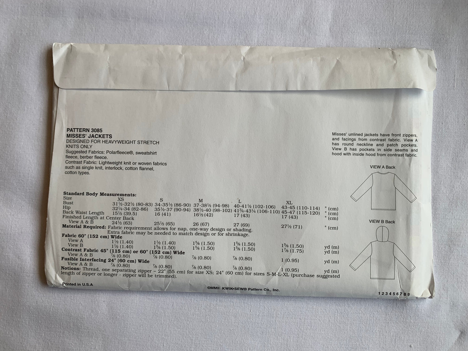 KWIK Sewing Pattern 3085 Misses' Jackets, Unlined, Long Sleeves, Pockets, Zipper Front, Drawstring, Hood, Uncut, 2002