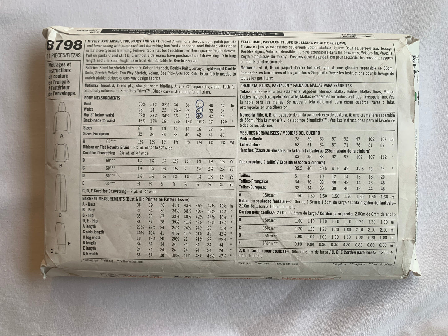 Simplicity Sewing Pattern 8798 Misses' Knit Jacket, Pants, Top, Skirt, Zipper Front, Long Sleeves, Pockets, Elastic Waist, Hood, Size 14, Cut, Vintage 1999