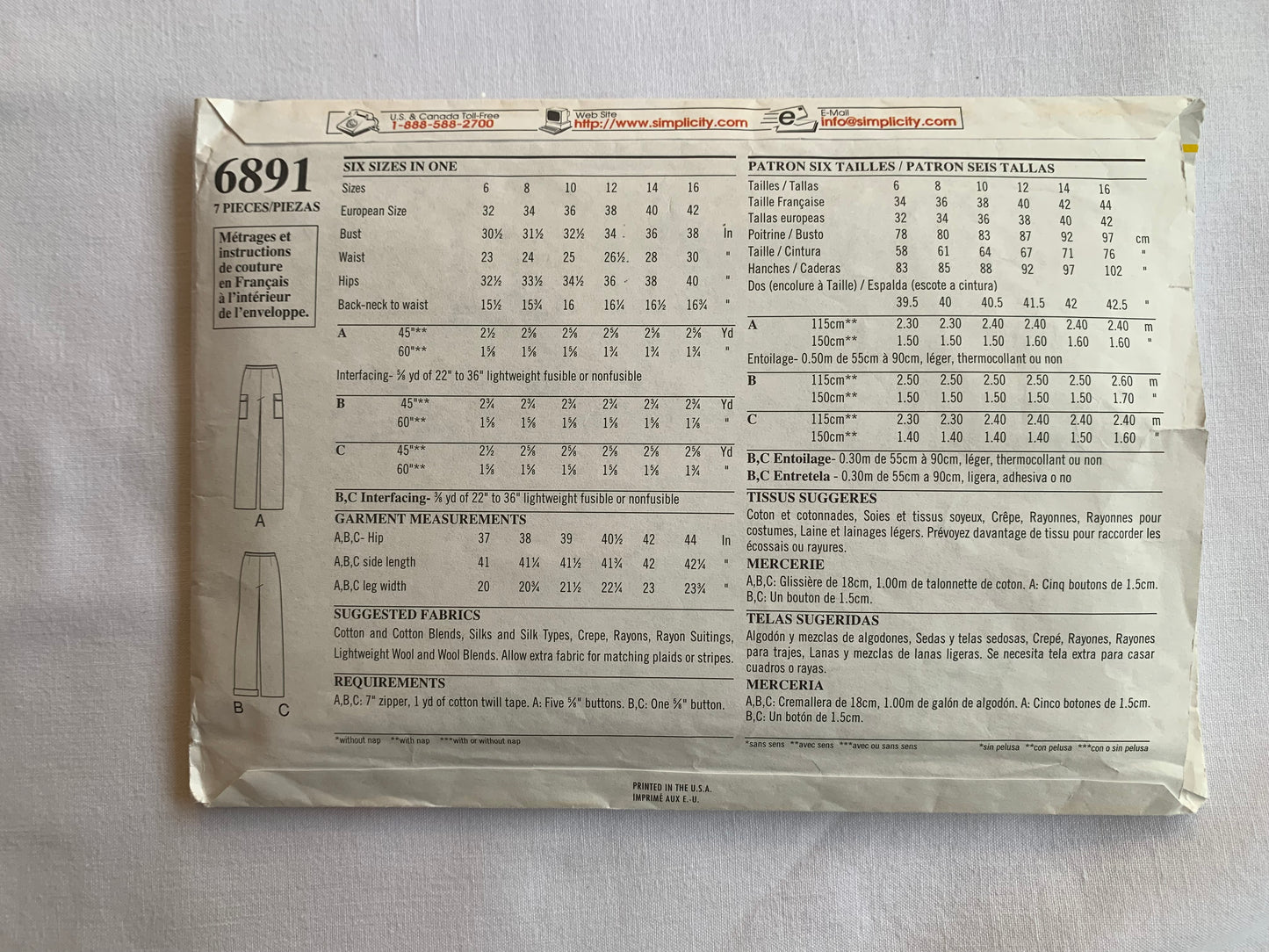 Simplicity New Look Sewing Pattern 6891 Misses' Pants, Zipper Fly, Pockets, 3 Variations, Relaxed Fit, Size 6-16, Cut, 2002