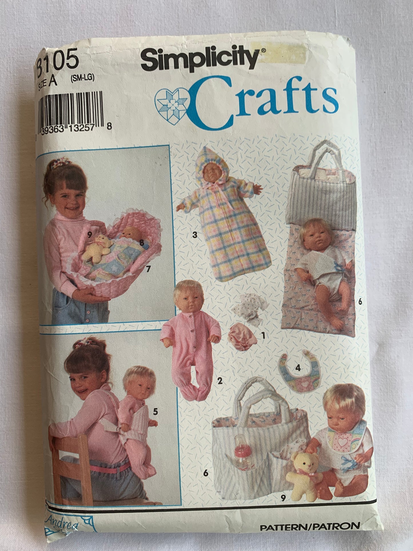 Simplicity Sewing Pattern 8105 Doll Clothes, Crafts, Three Sizes, 12"-22", Bunting, Shirt, Diaper, Bib, Carrier, Bassinet, Blanket, Pillow, Toy Bear, Cut, Vintage 1992