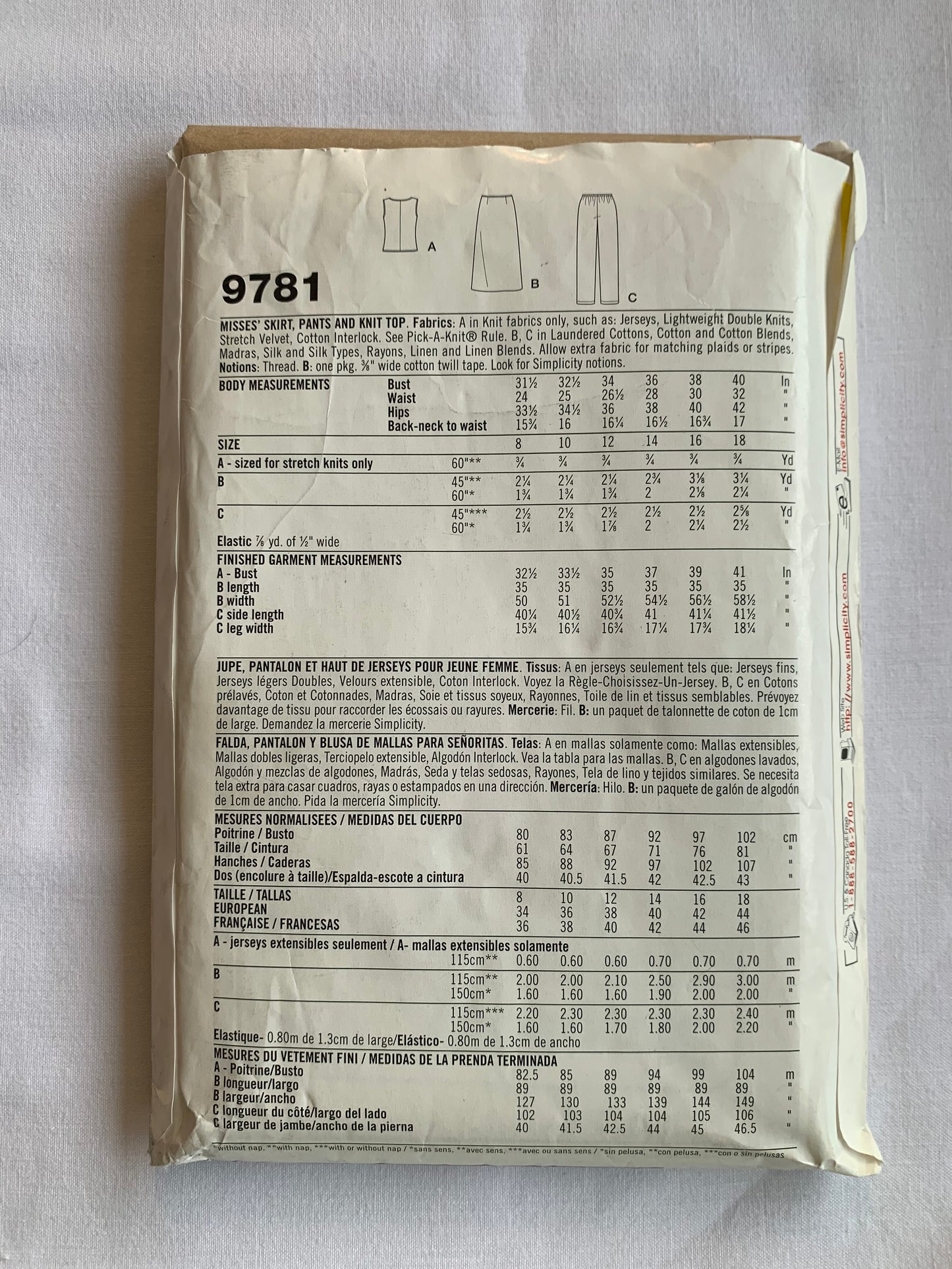 Simplicity Sewing Pattern 9781 Misses' Knit Top, Pants,Skirt, Pullover, Elastic Waist, Size8-18, Cut, 2000
