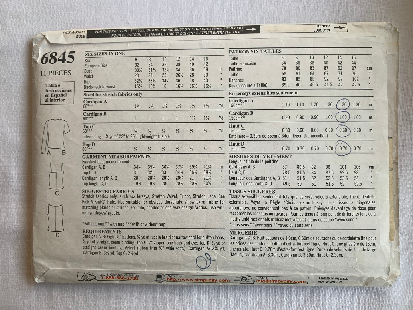 Simplicity New Look Sewing Pattern 6845 Misses' Tops, Long/Short Sleeves, Sleeveless, 4 Variations, Fitted, Size 6-14, Cut, 2009