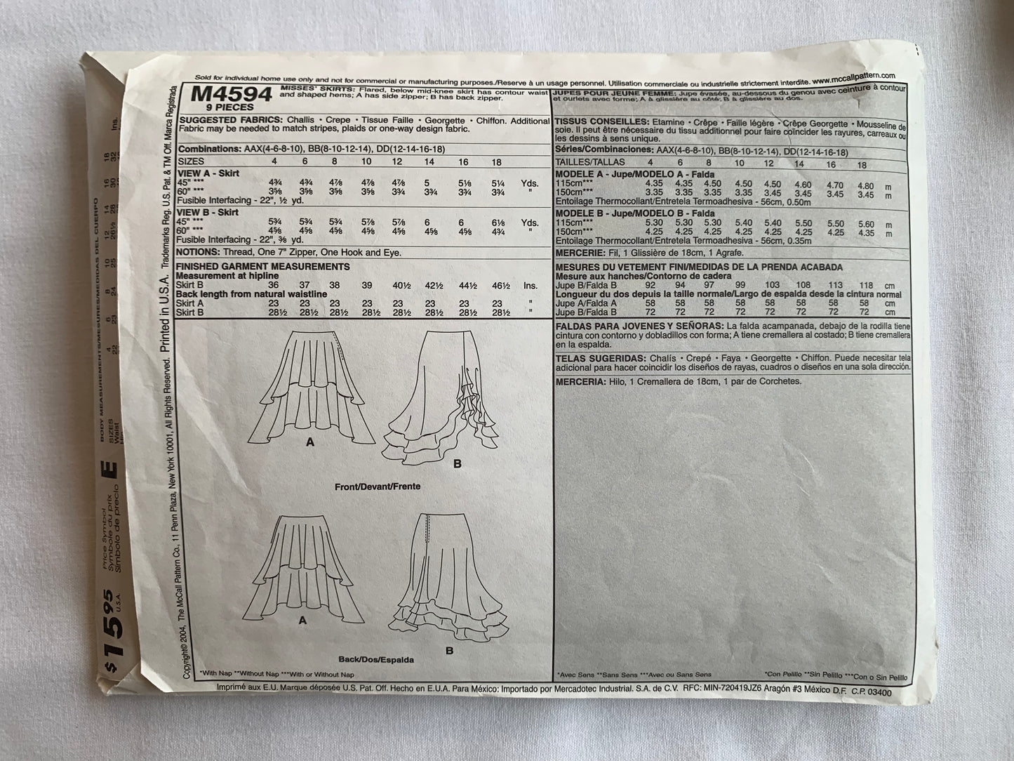 McCall's Sewing Pattern M4594 Misses' Skirt, Tiers, 4 Variations, Ruffles, Side Zipper, Size 8-14, Cut, 2004