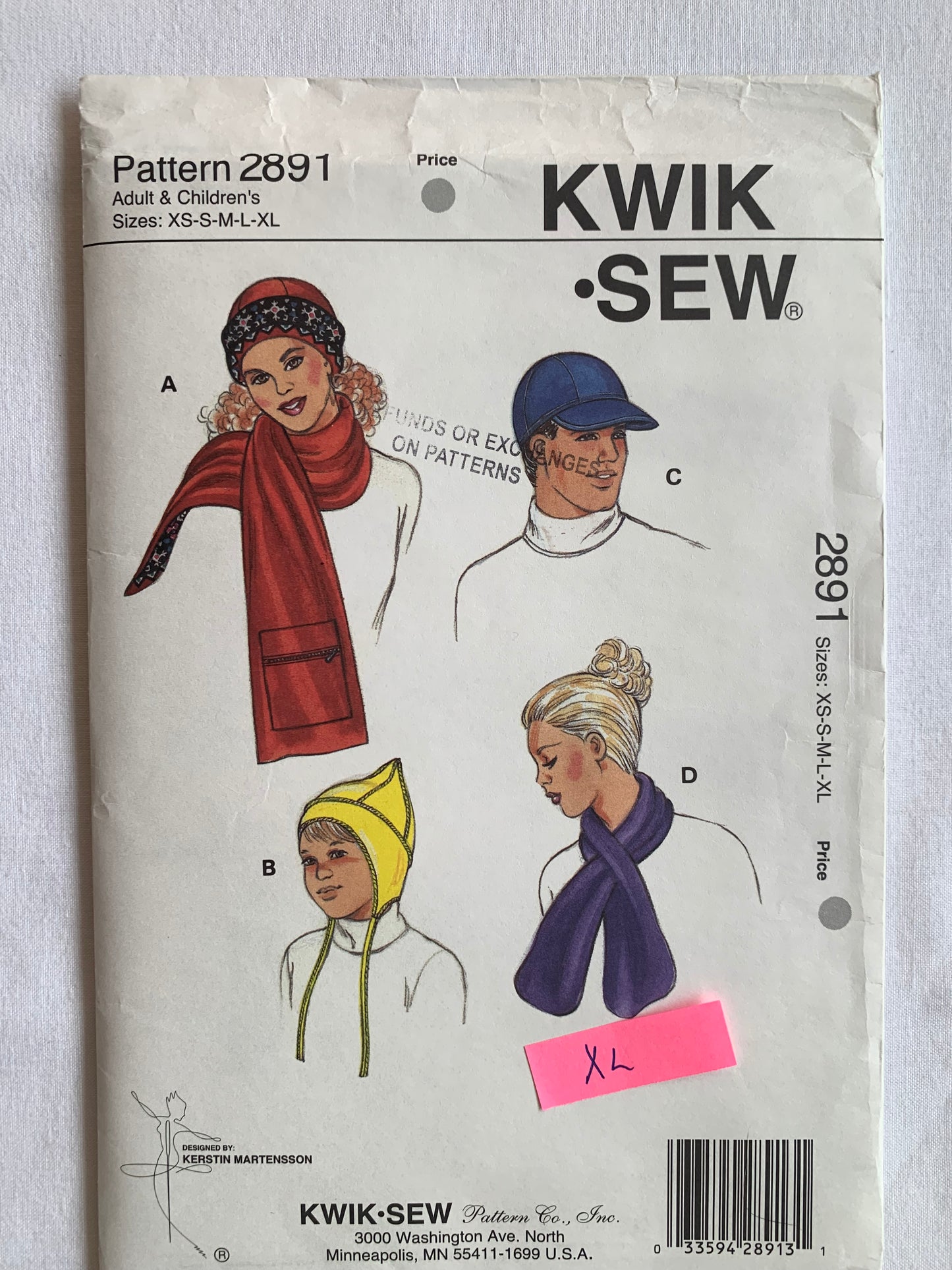Simplicity Sewing Pattern 2891 Unisex Adult, Children's, Hats, Scarves, Lined, Brim Pocket, Zipper, Panels, Size XS-XL, Cut, 2000