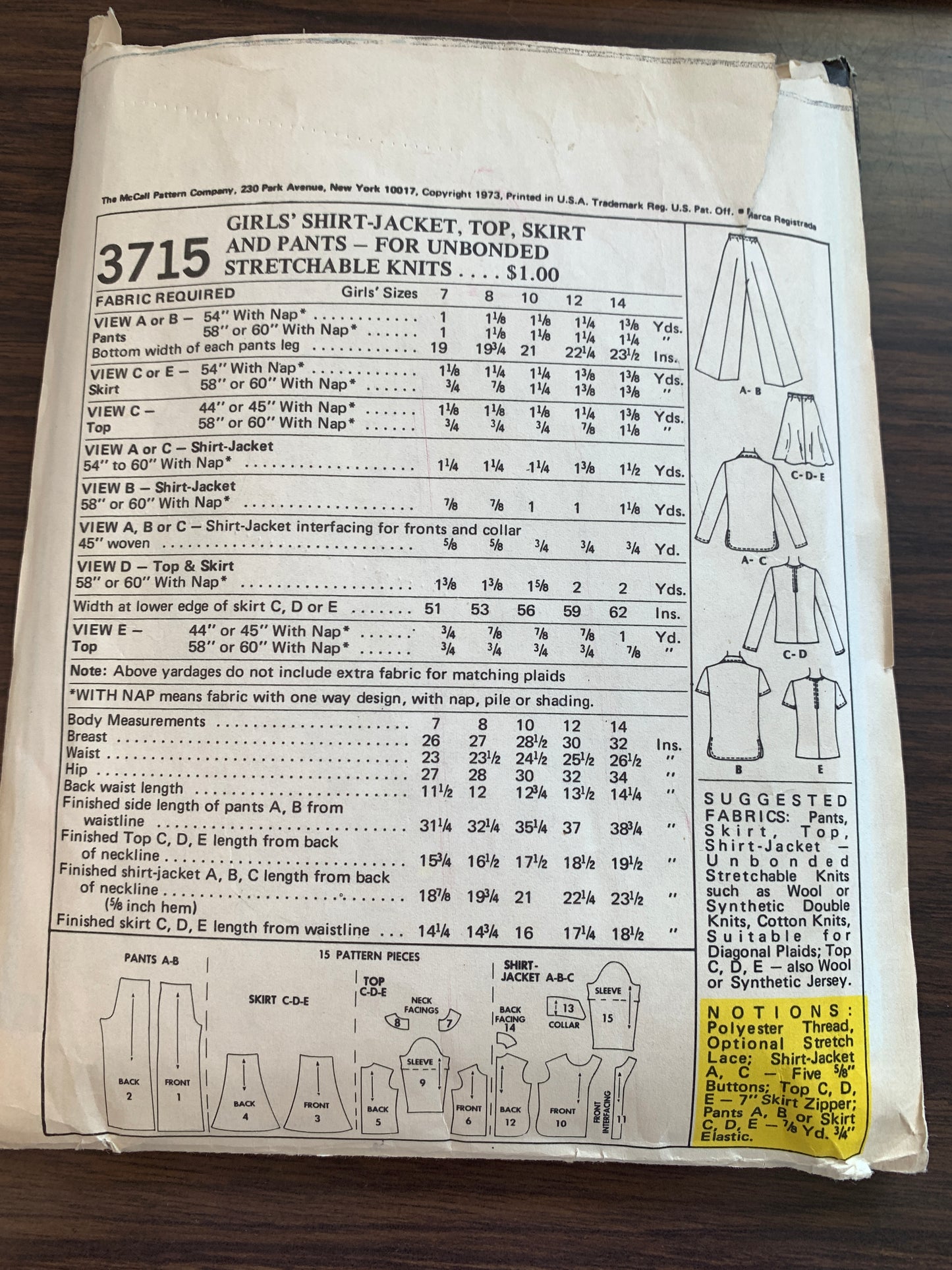 McCall's Sewing Pattern 3715 Girls' Shirt-Jacket, Top, Pants, Skirt, Button Front, Zipper Back, Size 7, Cut, Vintage 1973