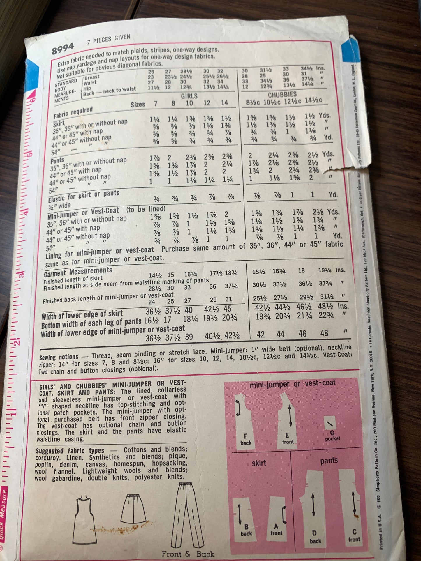 Simplicity Sewing Pattern 8994 Girls'/Chubbies' Mini Jumper, Vest-Coat, Skirts, Pants, Sleeveless, Zipper, Two Lengths, Size 7, Cut, Vintage 1970
