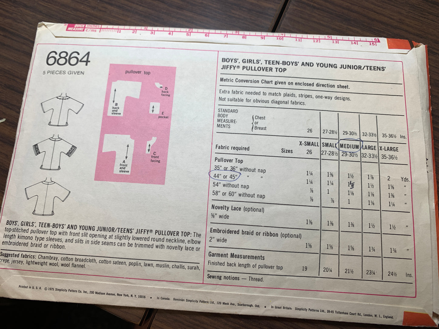 Simplicity Jiffy Sewing Pattern 6864 Girls'/Boys'/Teens' Jiffy Pullover Tops, Kimono Sleeves, Slits, Size 29-30, Cut, Vintage 1975
