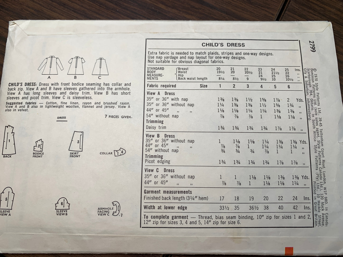 Style Sewing Pattern 2799 Child/Girls Dress, Long/Short Sleeves, Zipper Back, Sleeveless, Cut, Vintage 1970