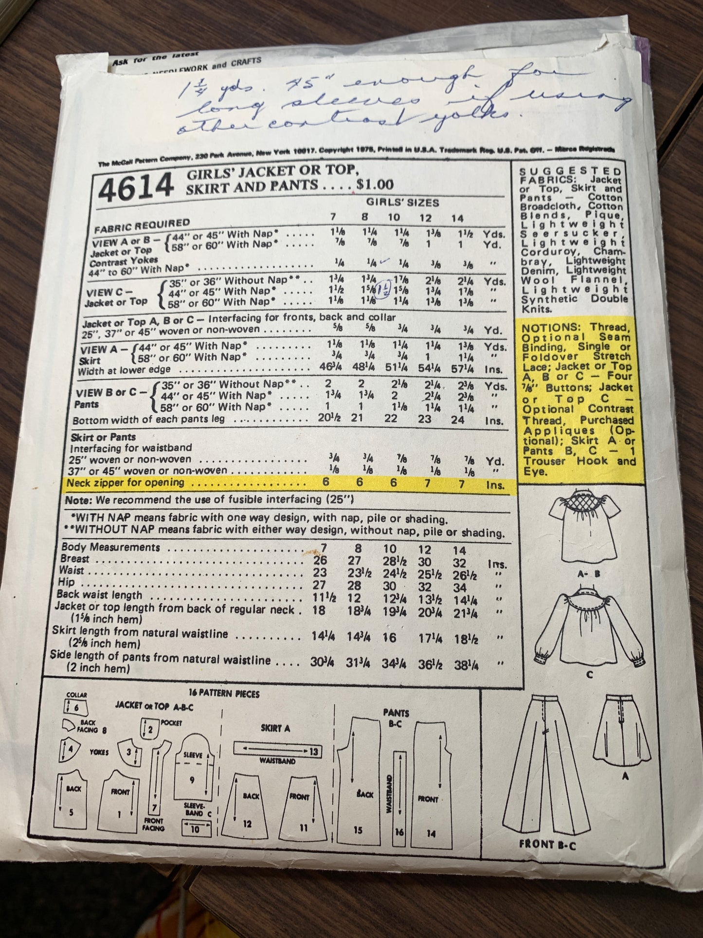 McCall's Sewing Pattern 4614 Girls' Jacket, Top, Pants, Skirt, Button Front, Zipper Back, Pockets, Size 8, Cut, Vintage 1975