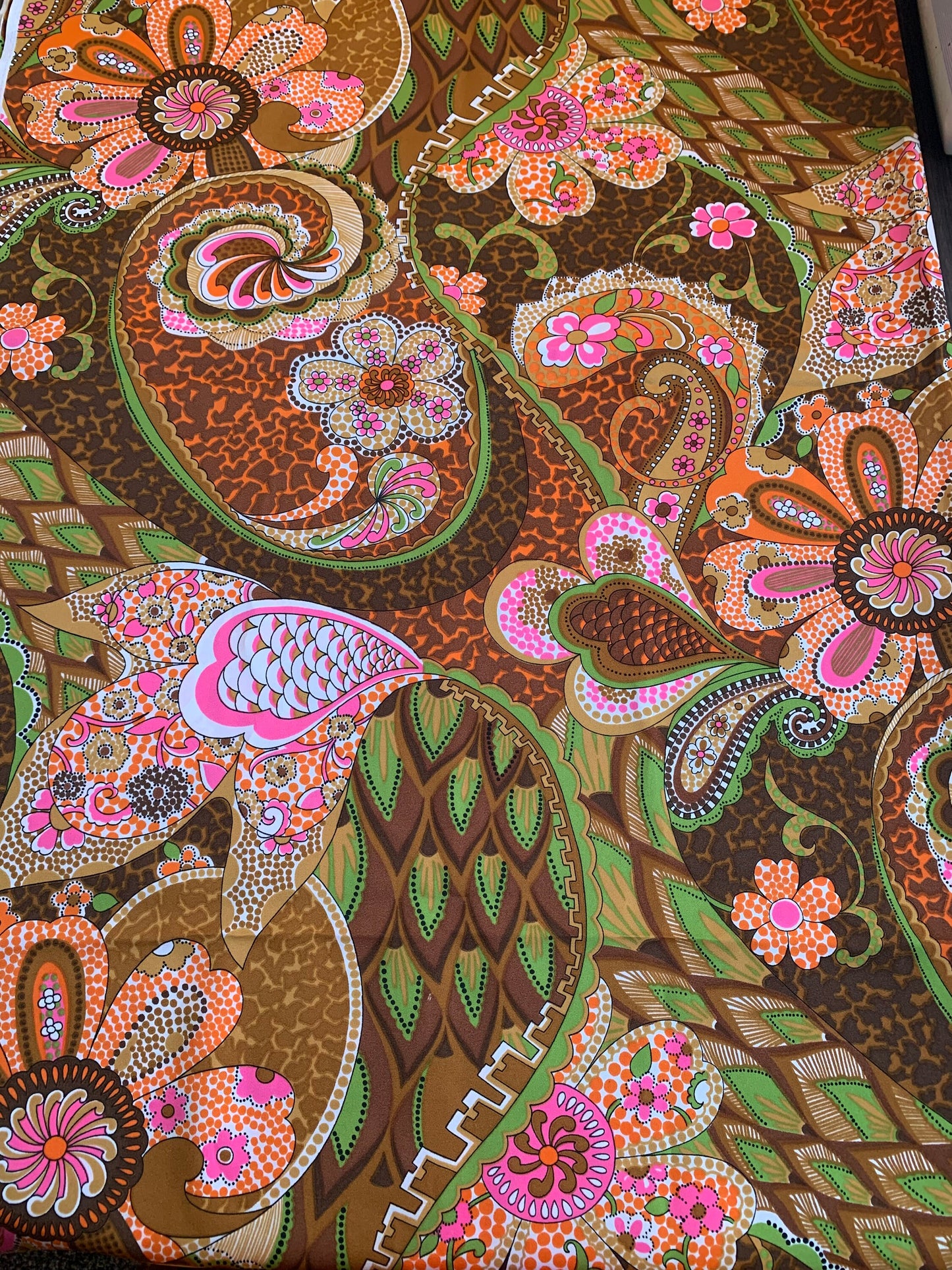 1960's Mod Polyester/Nylon, Flower Power Design, Psychedelic, Pink, Brown, Orange, Green, White 99x 42 Inches, New/Old Stock