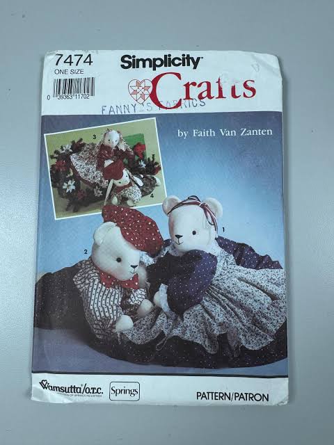 Simplicity Craft Sewing Pattern 7474 20" Stuffed Bear, Bunny, Doll, Clothes, Pants, Dress, Hat, Uncut, Vintage 1991