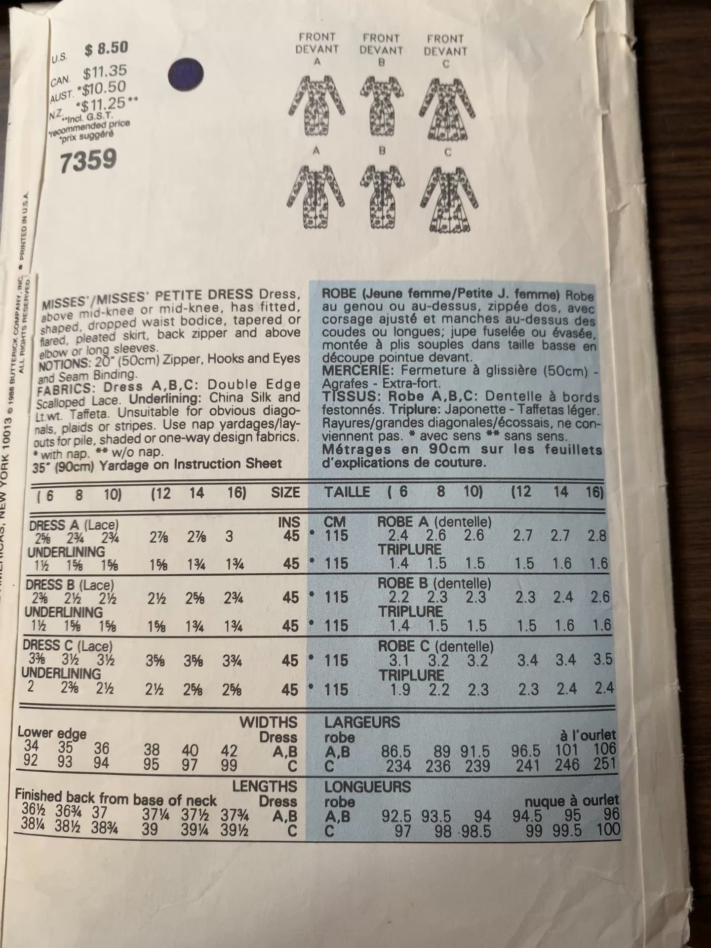 Vogue Sewing Pattern 7359 Misses'/Misses' Petite Dress, Fitted, Dropped Waist, Pleats, Zipper Back, Size 12, Cut, Vintage 1988