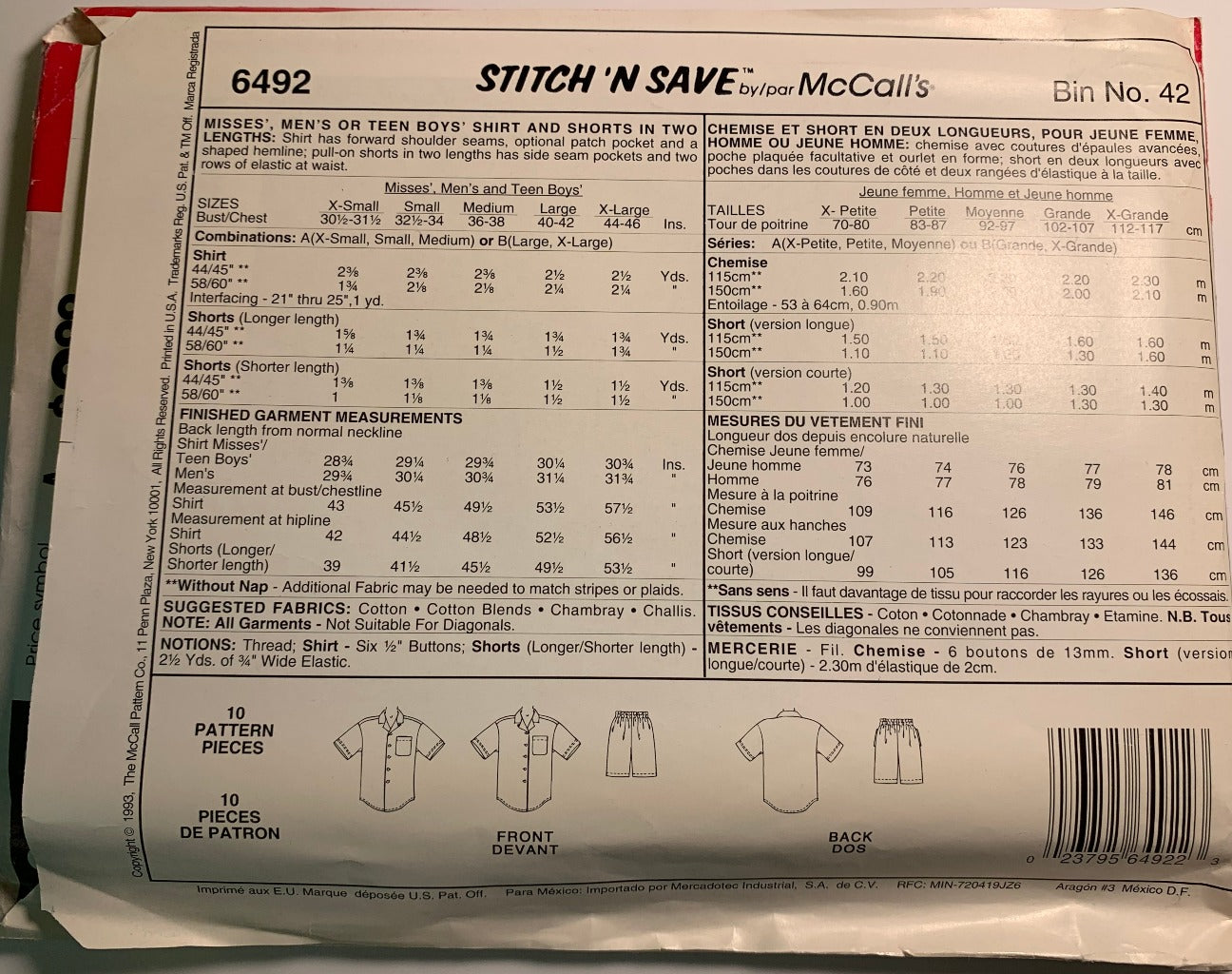 McCall's 6492 Misses', Men's, Teens' Shirt, Shorts, Size 40-46, Uncut, Vintage 1993