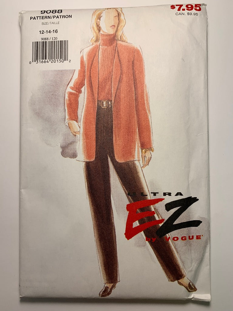 Vogue 9088 Jacket, Pants, Shoulder Pads, Size 12-16, Uncut, Vintage 1994
