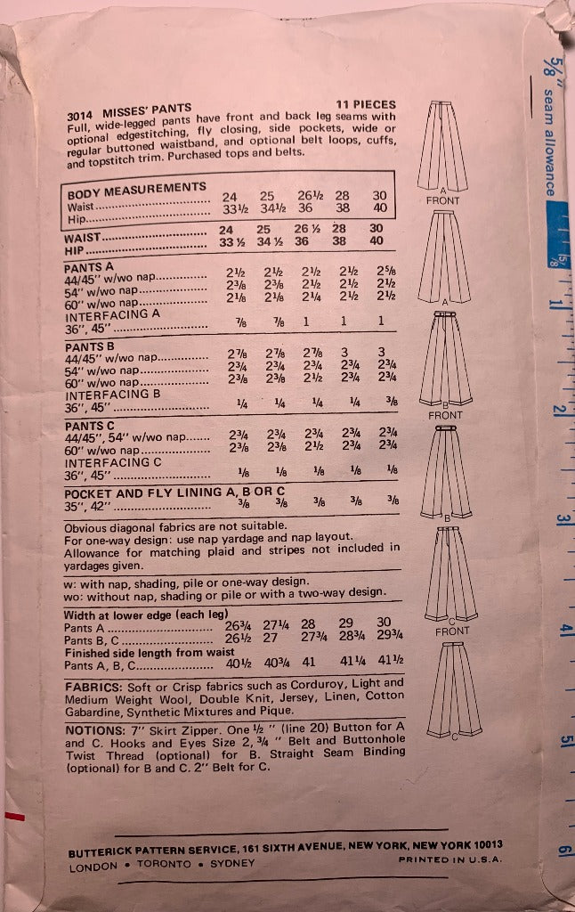 Butterick Sewing Pattern 3014 Misses' Pants, Wide Leg, Fly Closing, Pockets, Belt Loops, Cuffs, Size 24 Waist, Uncut, Vintage 1973