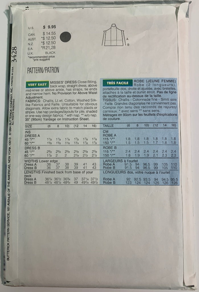 Butterick Sewing Pattern 3428 Misses' Women, Dress, Close-Fitting, Two Lengths, Tie Ends, Size 12-16, Uncut, Vintage 1994